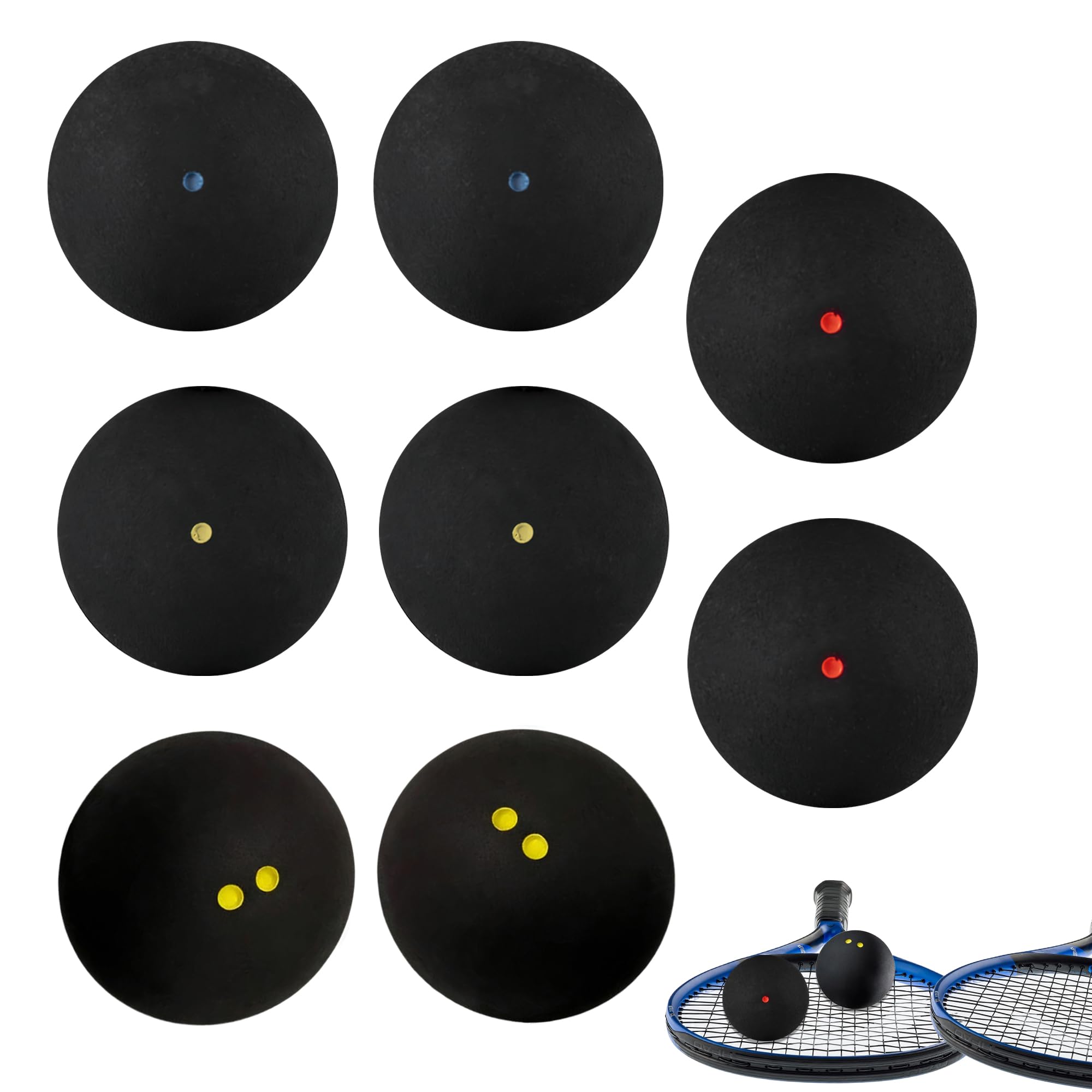 Manyugo 8PCS Squash Balls 38-40mm 2 Squash Balls Double Yellow Dot + 6 Single Dot (Yellow/Red/Blue) Ball Competition Physical Exercise Squash Ball for Beginners and Training