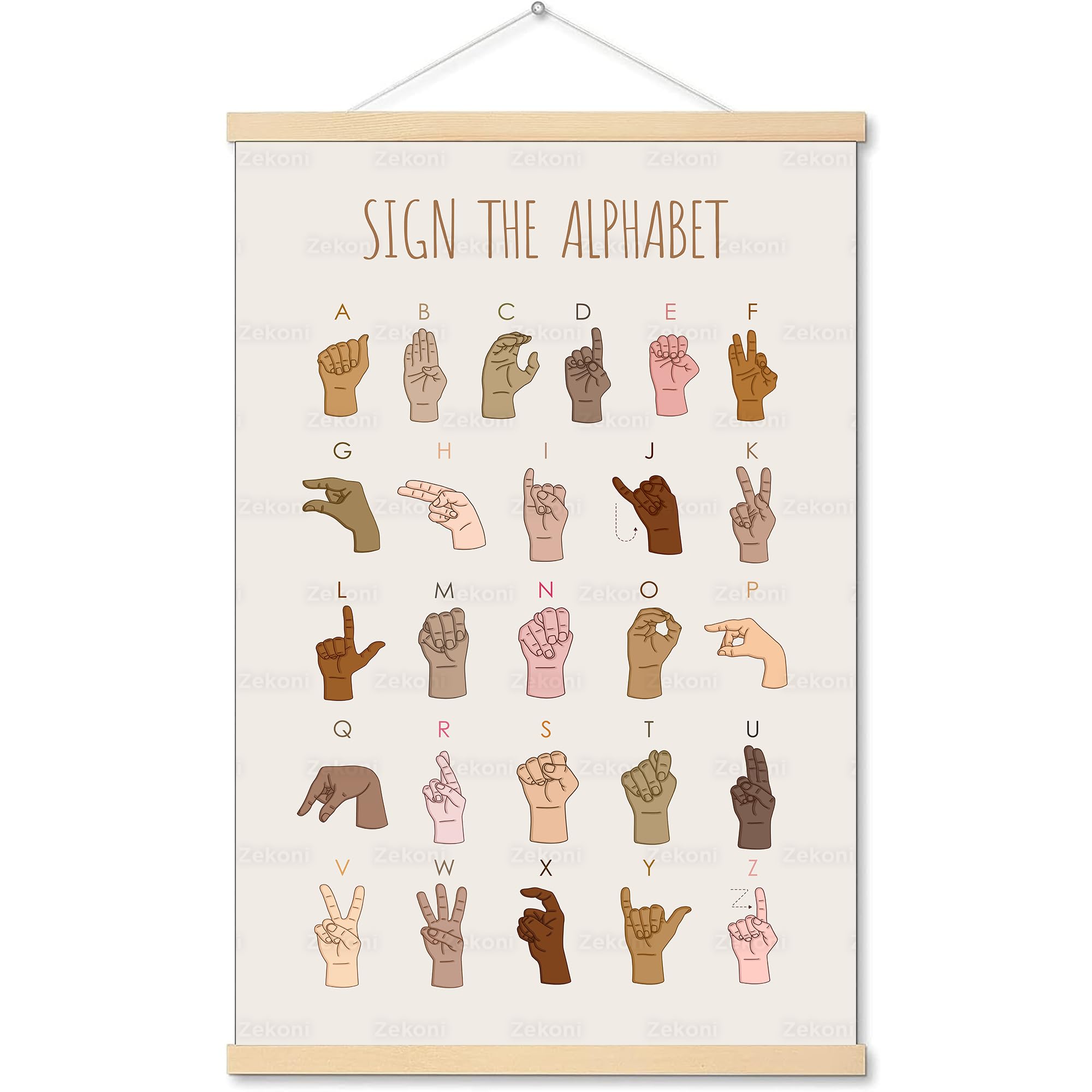 American Sign Language Canvas Hanging, ASL Poster, Sign Language Alphabet, ASL Alphabet Wall Art, ABC Print, Boho Classroom Decor — Educational Poster for Home, School, Nursery, Kid’s Room (12x18")