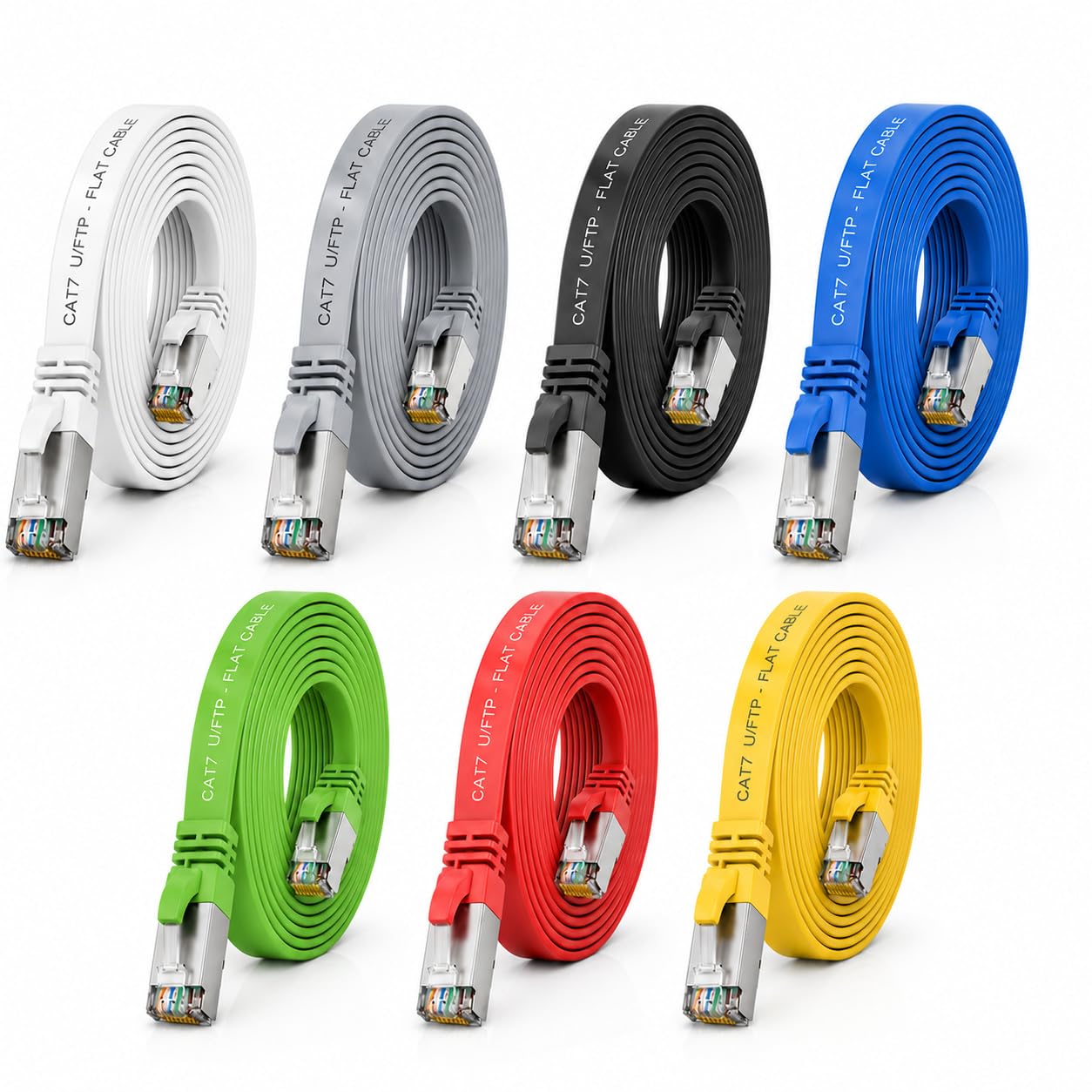 1aTTack.de 10 m - 7 kolorów - 7 sztuk CAT.7 Gigabit Ethernet LAN płaski kabel taśmowy (RJ45) kabel sieciowy kabel surowy (10 Gbit/s) kabel do układania płaski Slim kompatybilny z Cat.5 - Cat.5e -