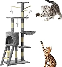 Cat Scratching Post with 1 Spacious Cave & 1 Hammock & Multiple Padded Viewing Platforms, Play Centre for Cats, Playhouse, Trees, Towers, Cat House Furniture, Light Grey