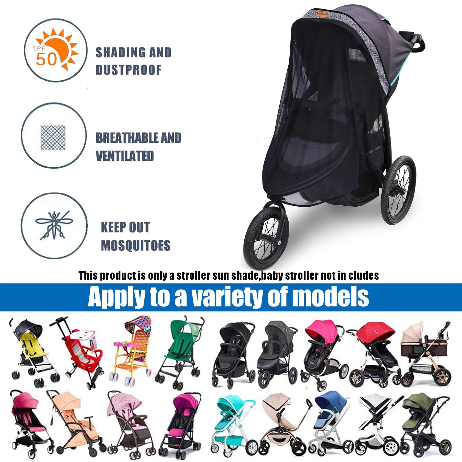 Parasol universal para cochecito, parasol universal para cochecitos de viaje, cochecitos de correr; esencial para viajes de bebés y niños pequeños; bloquea de forma segura hasta el 97% de los rayos UV