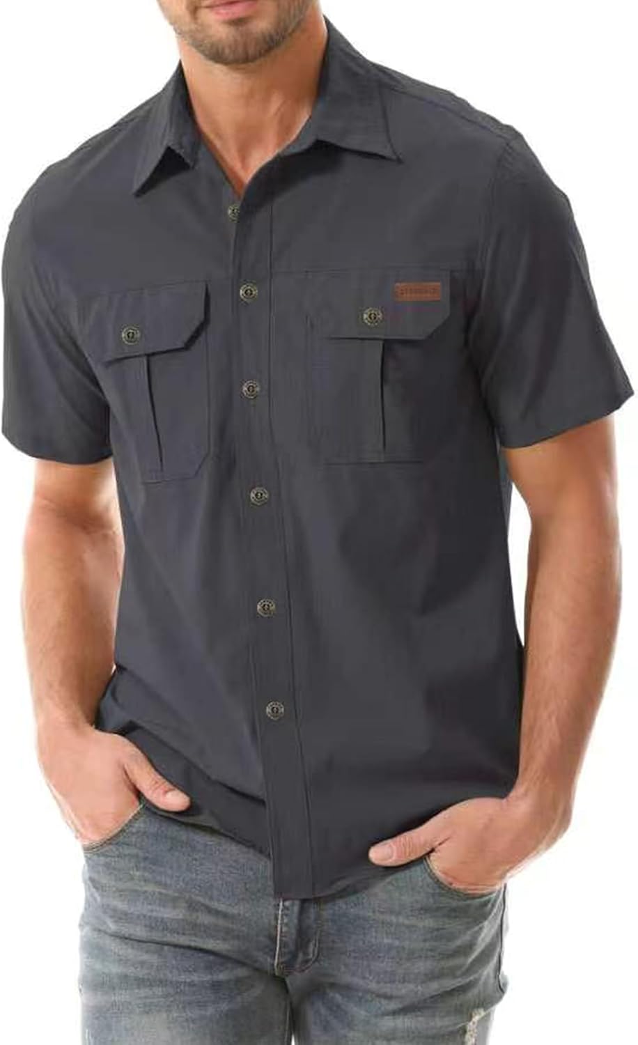 Zyvrenix Men's Casual Button Down Shirts Outdoor Short Sleeve Summer Beach Elastic Shirt with Pocket Dark Gray M