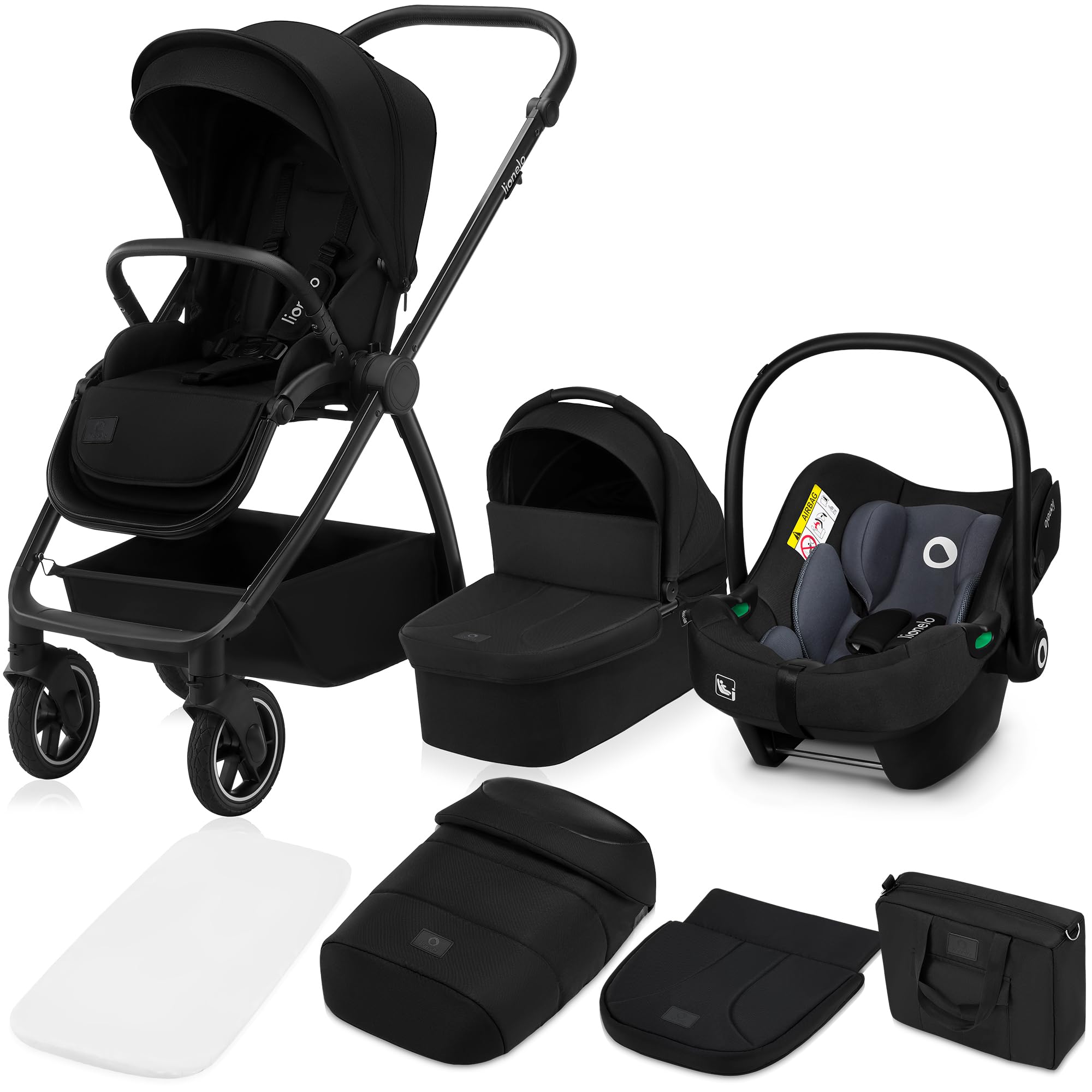LIONELO MERIL 3 en 1 Cochecito de Bebé Multiusos 0-48 Meses Hasta 22 kg, Capazo hasta 9 kg, Silla de Coche Hasta 13 kg, Ruedas Todoterreno 360°, Suepensión Total, Capota XXL UPF50+ (Black)
