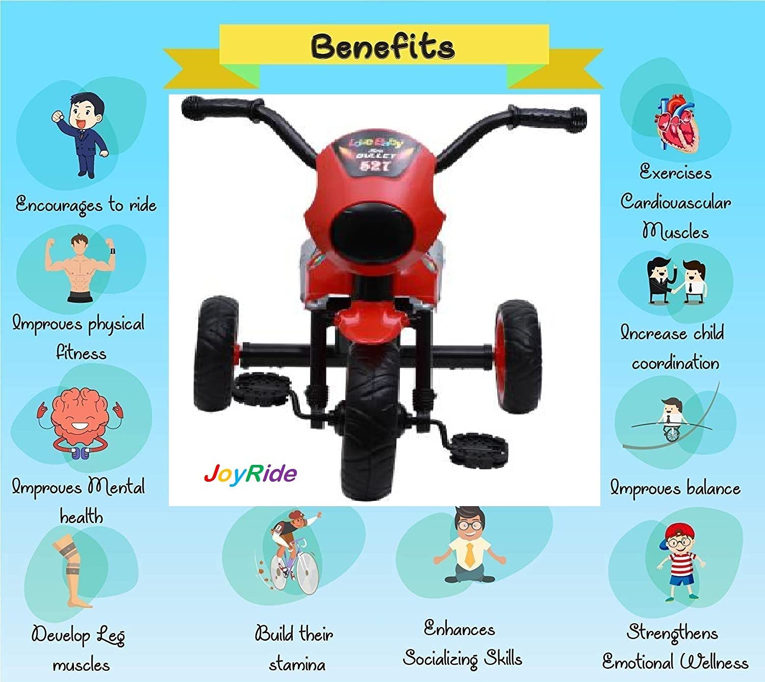 JoyRide Bullet Tricycle 2-5 Year Old Boys Girls Kids and Toddlers First Bike Birthday Gift (Red) Made in India 4