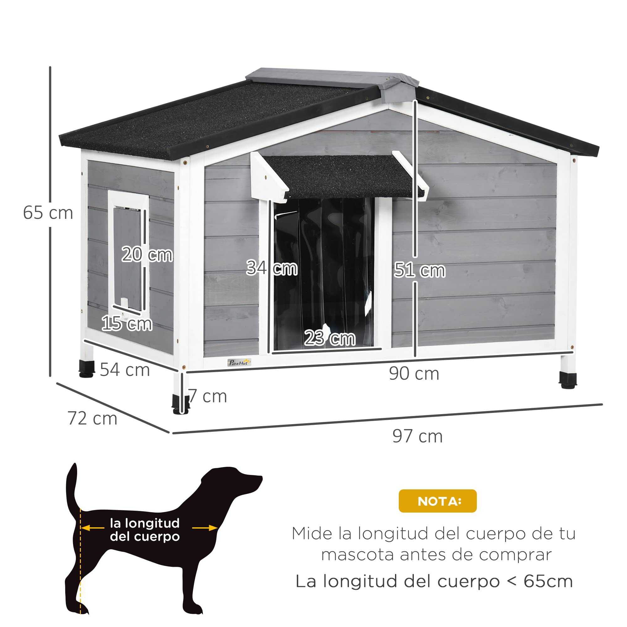 PawHut Caseta para Perros Exterior Casa para Perros Pequeños con Techo Asfáltico Abatible 2 Ventanas Puerta con Cortina y Base Extraíble 97x72x65 cm Gris