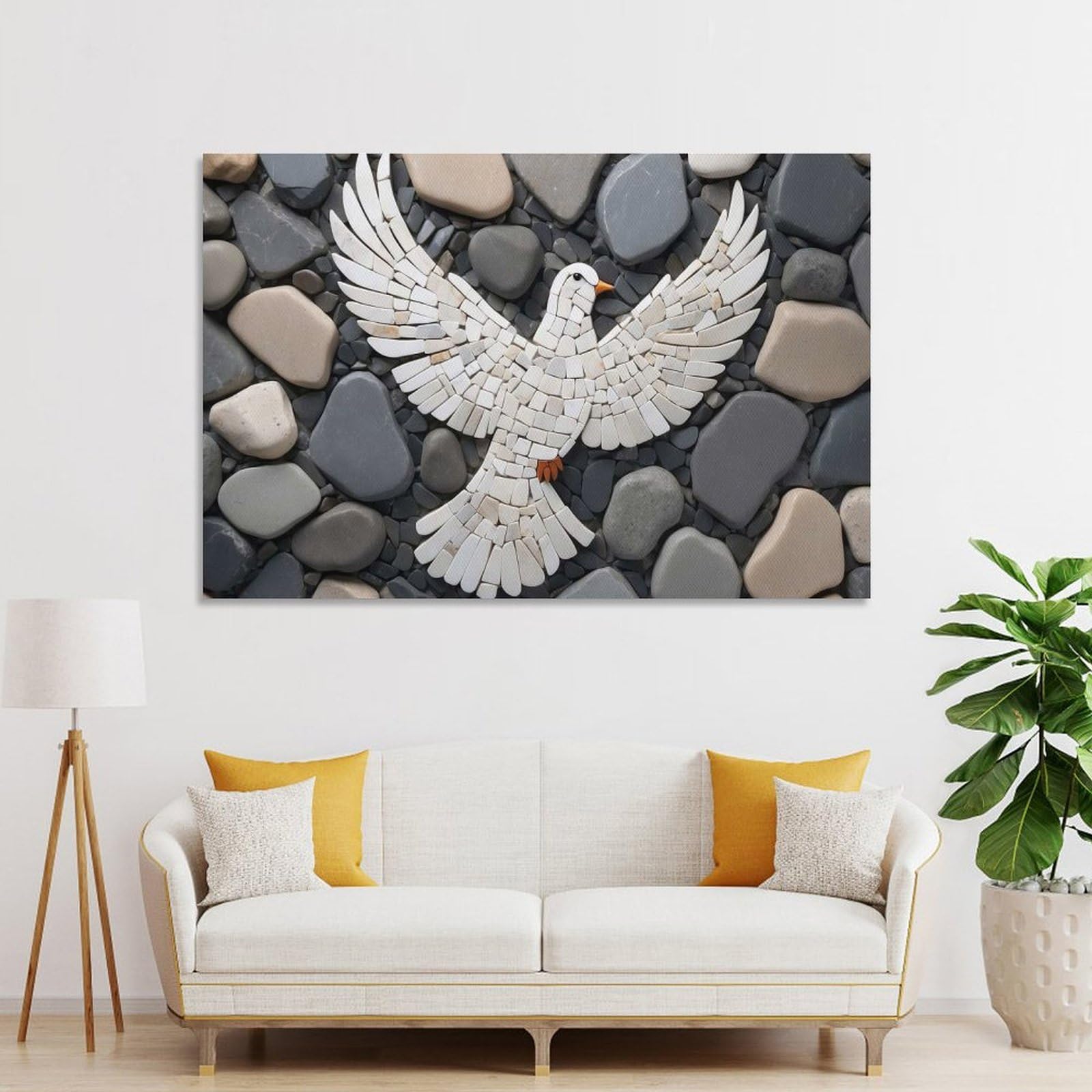 Junmoney Dove Mosaic on Stone Background Wall Decor Canvas Print, 24x36inch(60x90cm), for Living Room, Lounge Or Sitting Room, Easy Decor for Gallery Walls