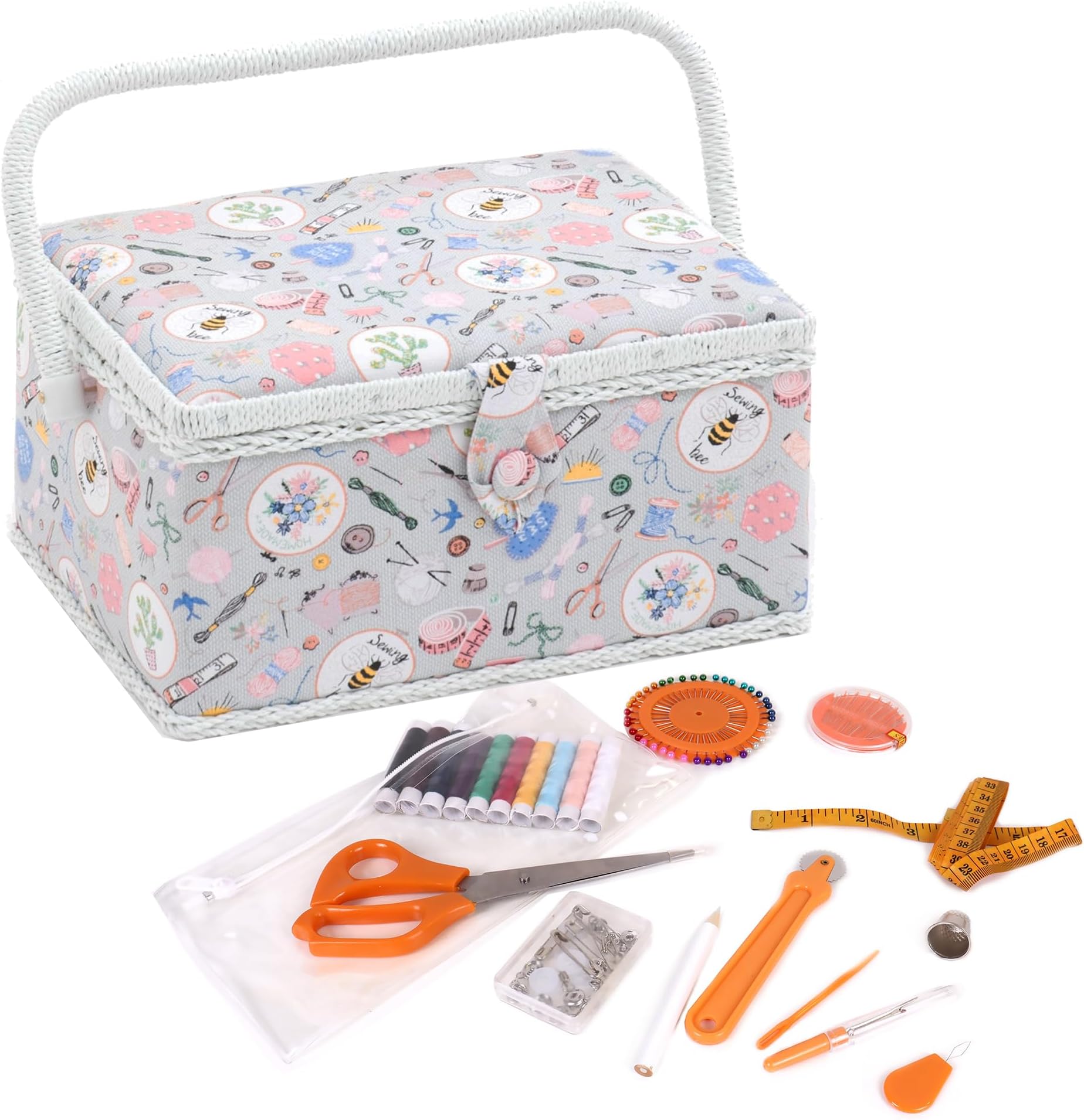 Hobby Gift Medium Sewing Box Organiser Kit with Handle - Cotton Basket Sewing Storage Box, Craft Storage Boxes with Compartments for Tools & Accessories - 18.5 x 25.5 x 14.5cm, Homemade