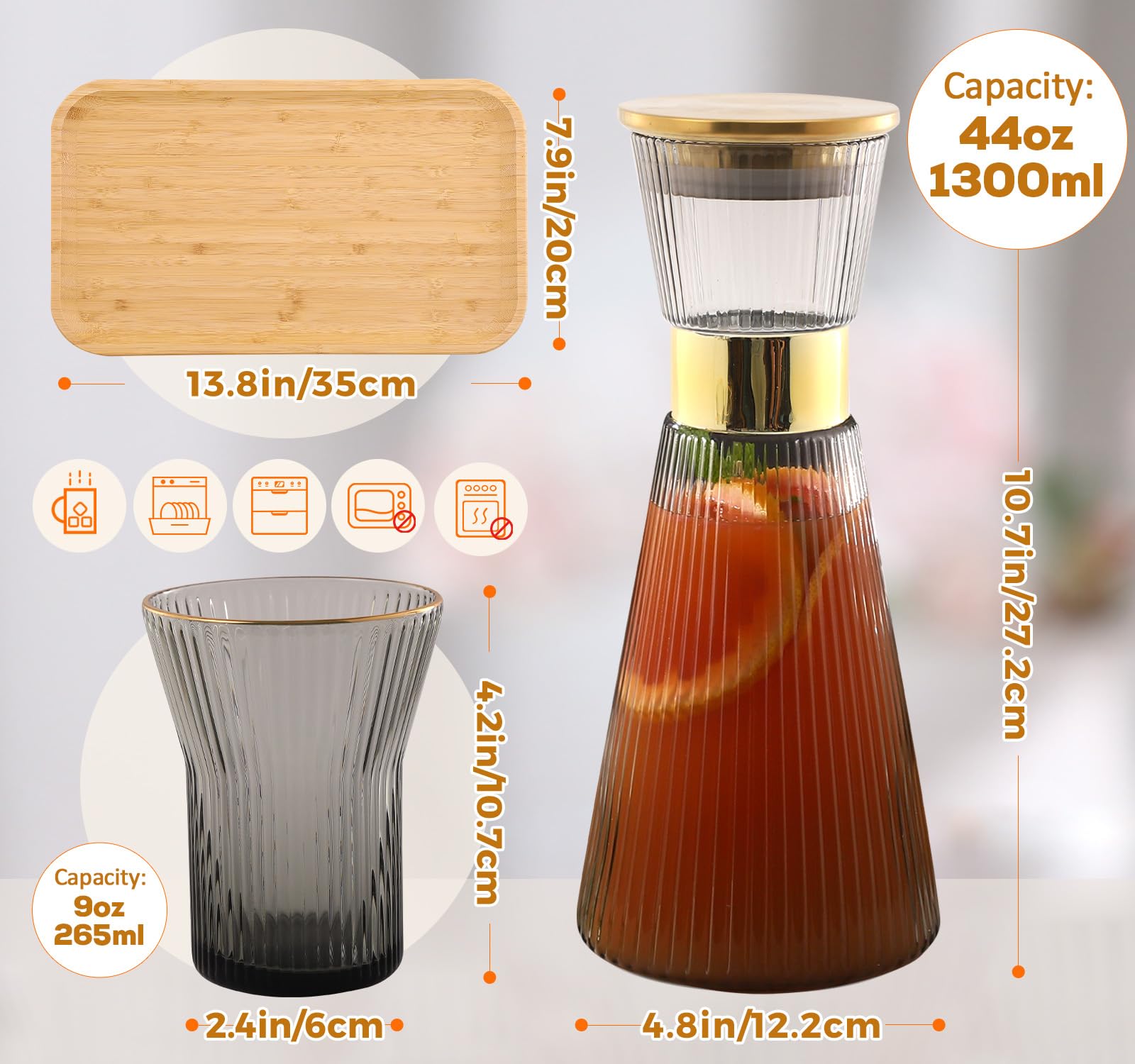 DUJUST Geripptes schwarzes Glaskaraffen-Set, elegante Wasserkaraffen mit Golddekor, 1 Kristallglaskaraffe mit goldenem Deckel (1,247.4 g), 4 Tassen & 1 Tablett, mit verdicktem Boden