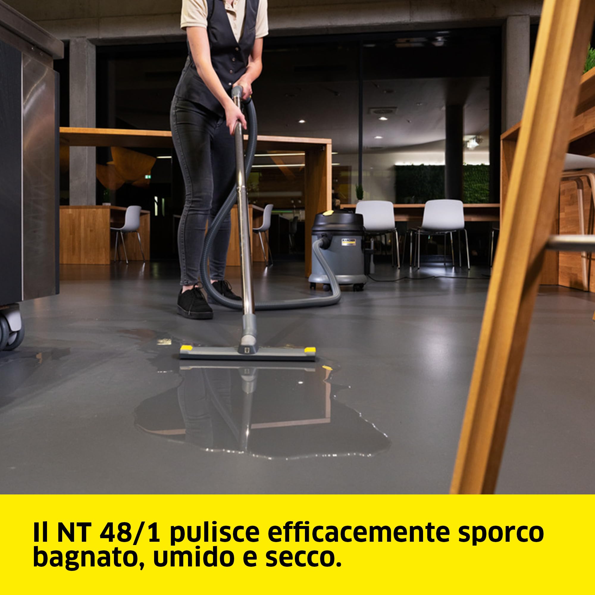 KÄRCHER aspiratore solidi-liquidi NT 48/1, potenza: max 1380 W, contenitore: 48 l, tubo di aspirazione: 2,5 m, curva, ugello pavimento bagnato/asciutto (360 mm), bocchetta fessure, tubo di scarico