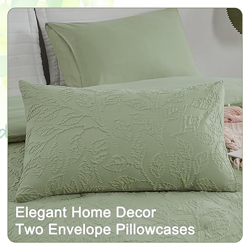 Miniatura 4 de ENCOFT Edredón tamaño King, edredón verde con patrón de hojas en relieve de 3 piezas, con funda de almohada, para todas las estaciones, edredón de