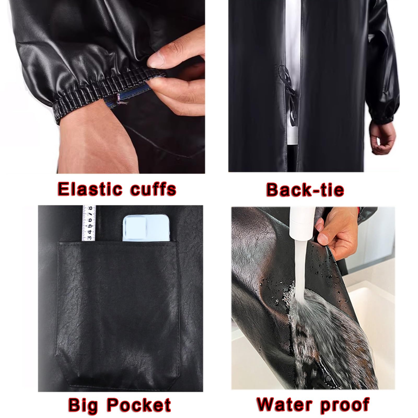 Delantal de Manga Larga Impermeable Y Resistente a La Grasa Delantales Largo de Cuero con Bolsillos Lazo Trasero Puños Elásticos Y Cuello Redondo Ropa de Trabajo para Cocina Y Restaurante