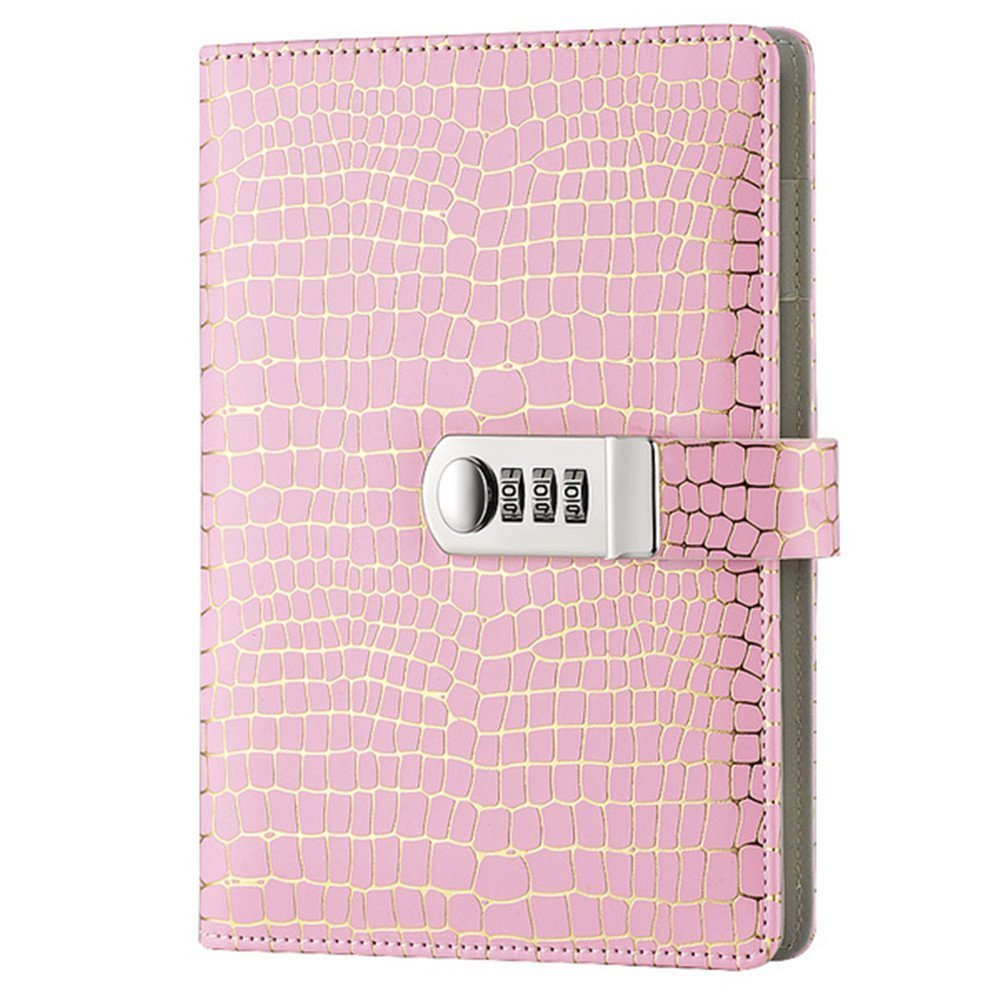 ARRLSDB Password Notebook with Lock, A5 Size PU Leather Combination Lock Diary Password Journal Locking Student Handbook Notepad and Journal Diary (Pink)