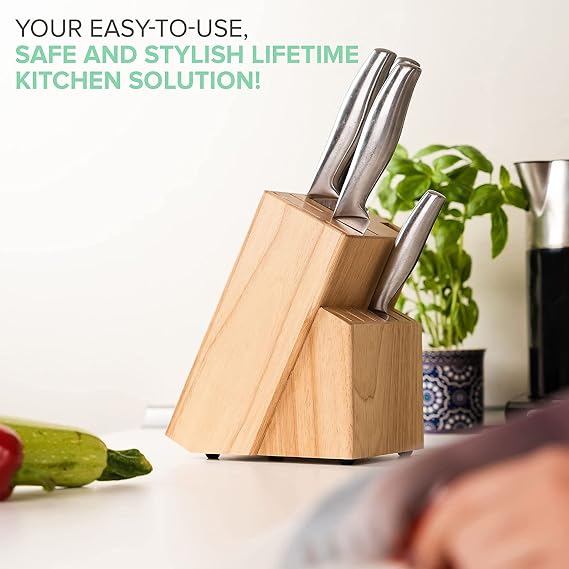Coninx Rubber Wood Kitchen Knife Block, 15 Slots Holder, Professional Quality Organizer, Secure Stand, Keep Knives Neat & Sharp, Solution for Full Drawers, Display Stand for Storage