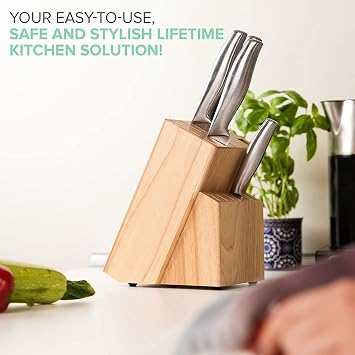 Coninx Rubber Wood Kitchen Knife Block, 15 Slots Holder, Professional Quality Organizer, Secure Stand, Keep Knives Neat & Sharp, Solution for Full Drawers, Display Stand for Storage