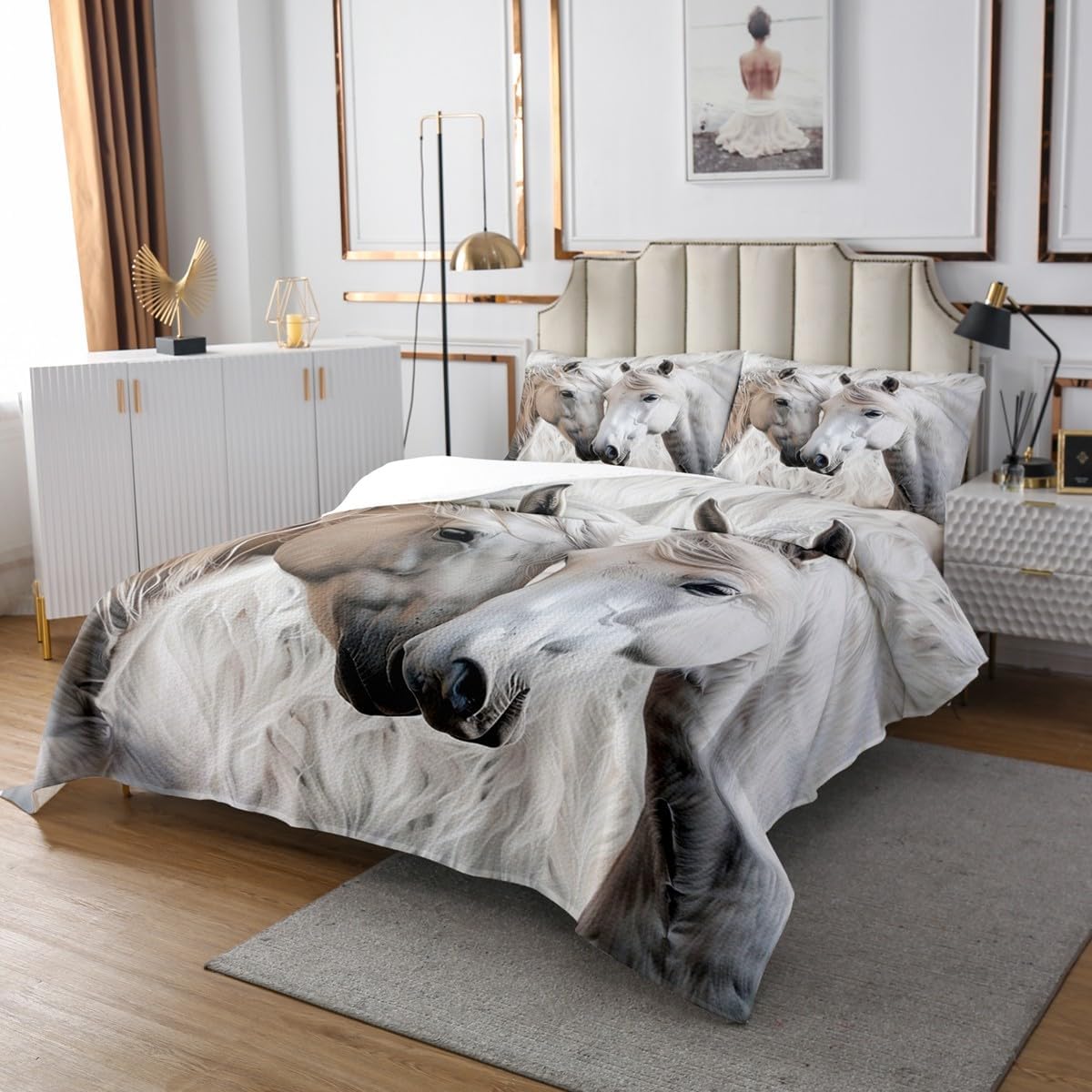 jejeloiu Horse Bedspread for Girls Boys Kids Cow Fur Quilted Coverlet Room Decorative Farm Cowboy Coverlet Set Western Farm Animal Skin White Grey Quilted Room Decor King Size