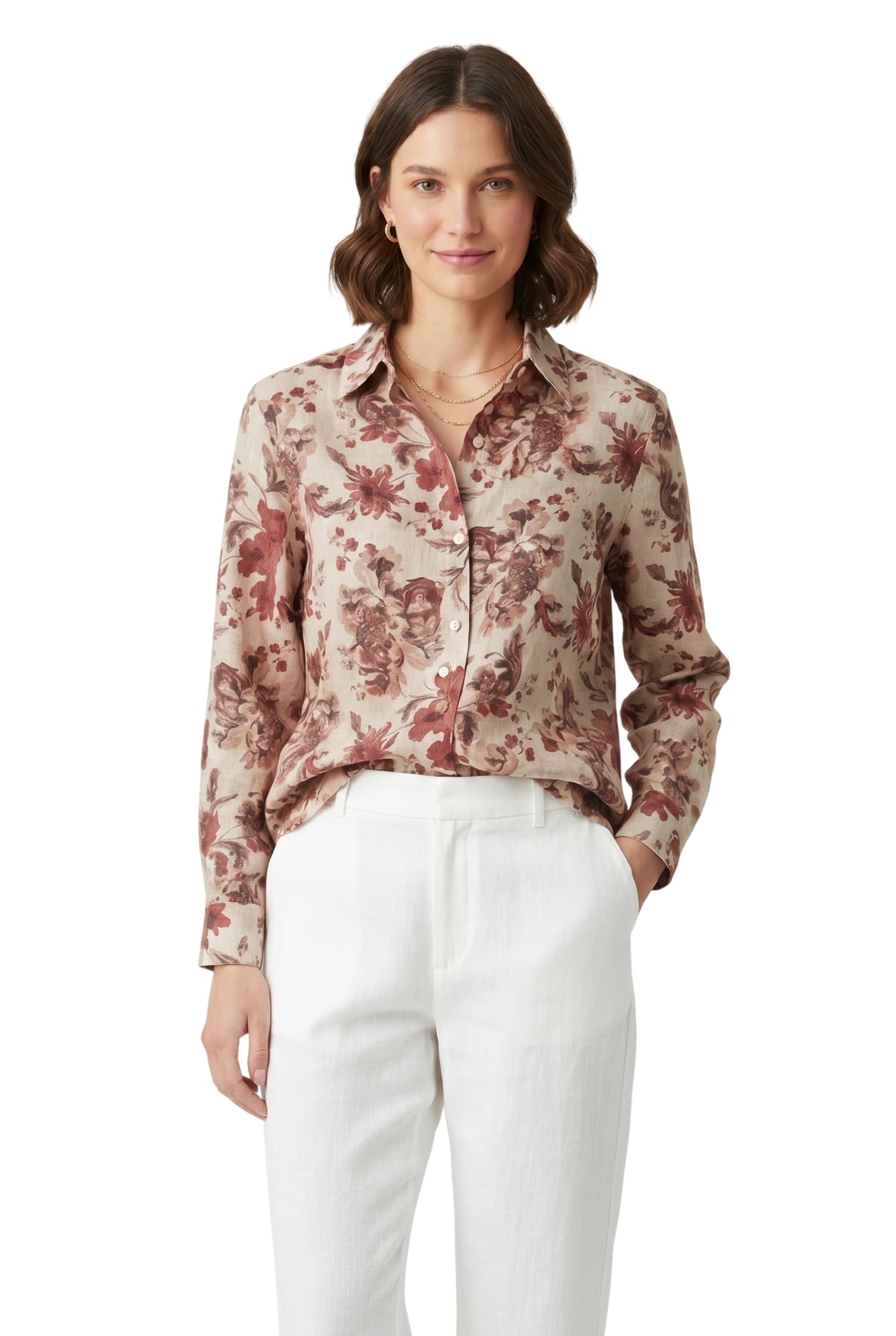 sajjan Women's Linen Rust & Beige Vintage Floral Print Button-Down Shirt | Casual & Formal Wear-picture-14