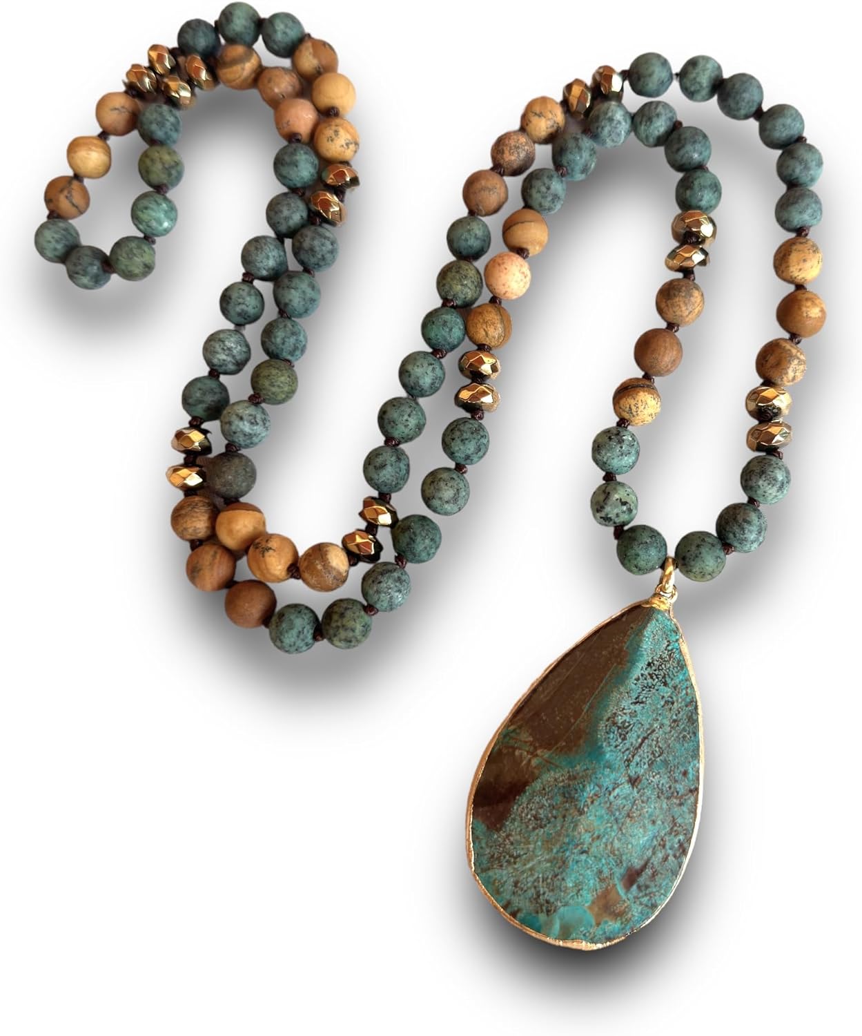 Long Genuine Stone beads and Pendant Necklace for Woman. Hand Knotted natural stone beads with big non-precious stone statement necklace. HANDMADE Boho Jewelry for women.