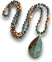 BALOOLA Handmade Boho Natural Stone Bead Pendant Necklace for Women - Long 34" Hand-Knotted Statement Jewelry