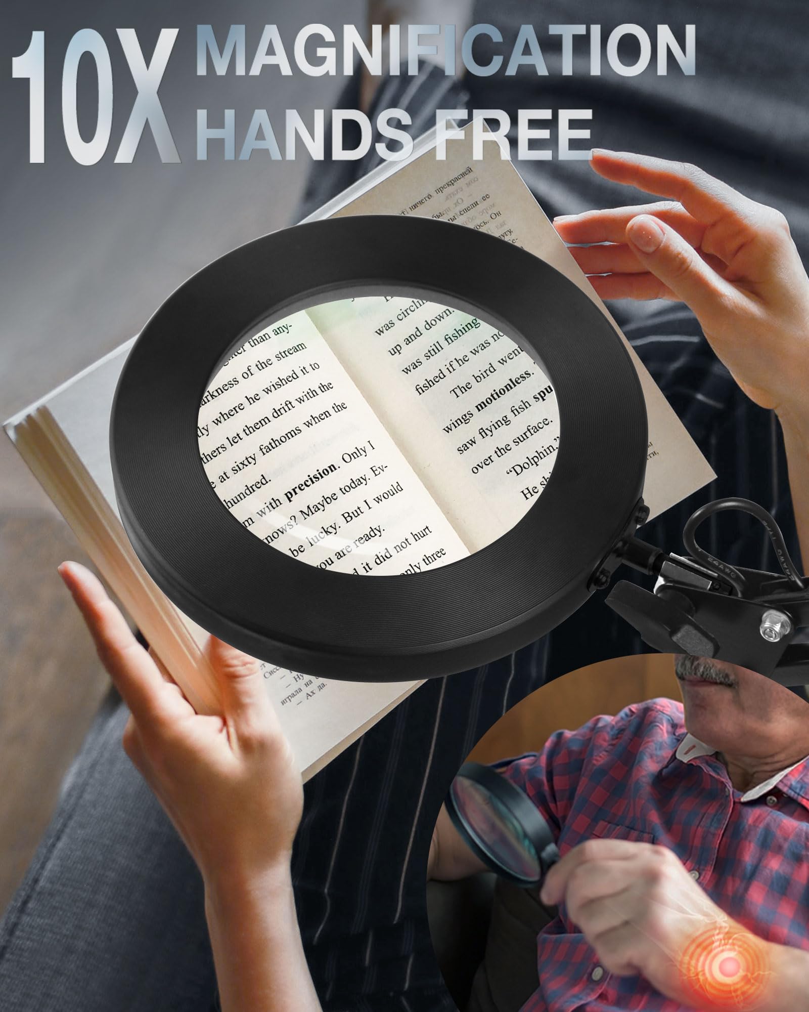 Loupe 8X avec lumière et Pince, Lampe loupe à Bras d'extension,lentille HD