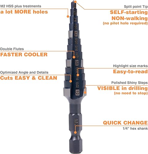 Miniatura 2 de M2 HSS - Juego de brocas escalonadas de cambio rápido de 1/2 pulgadas, 1/2 pulgadas y 7/8 pulgadas, brocas de doble estriado para perforación