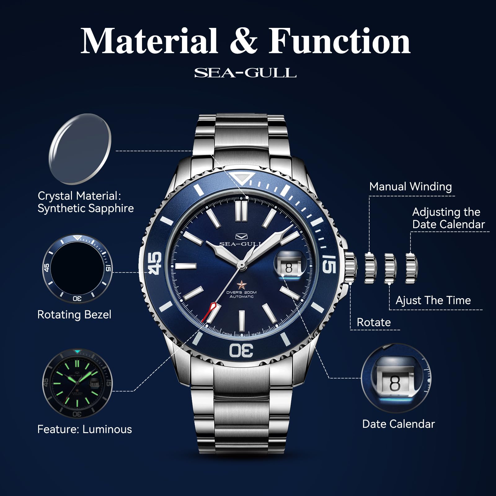 Seagull Herren Automatik Mechanische Taucheruhr Edelstahl Wasserdicht Business Dress Luminous Kalender Armbanduhren 44mm Ocean Series