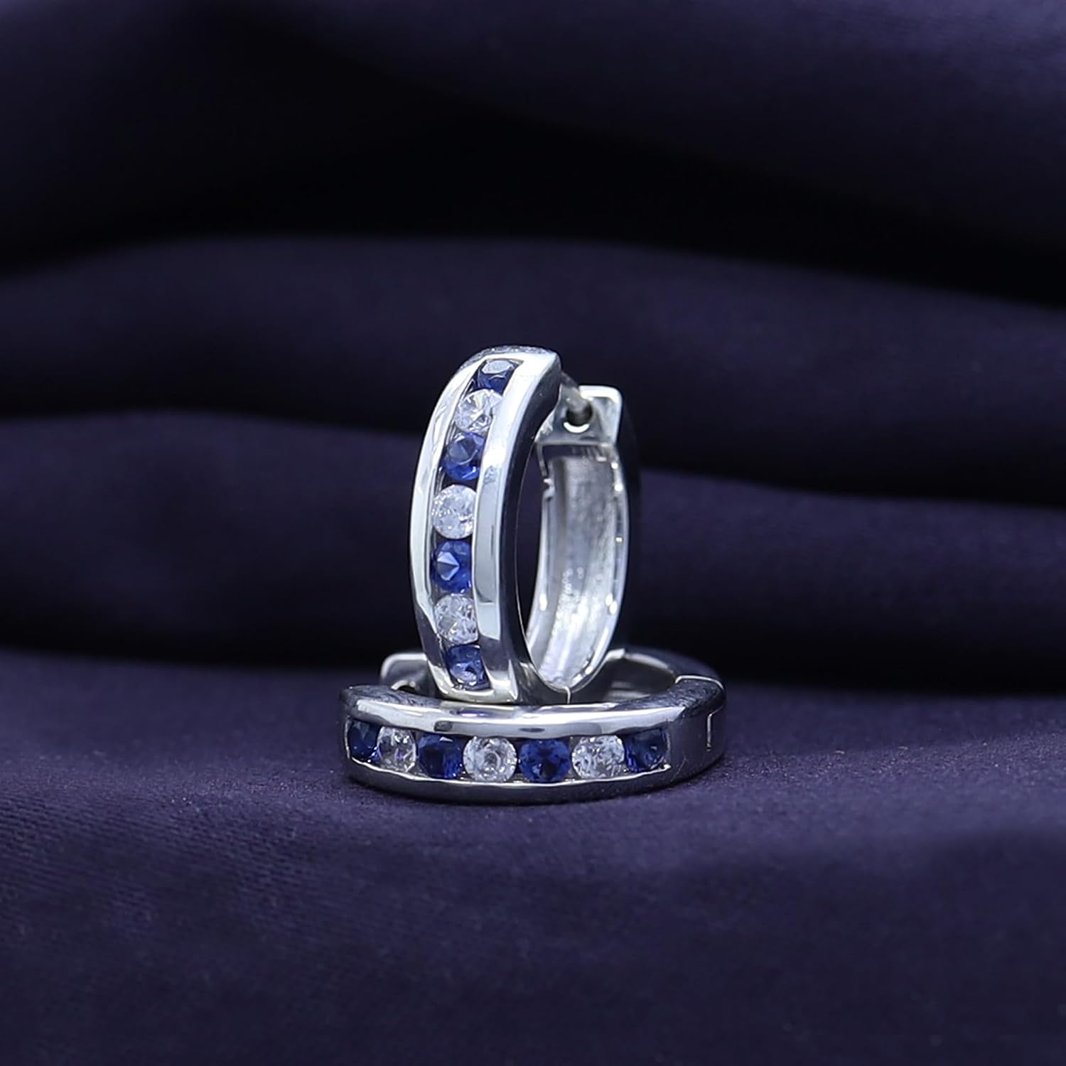Round Cut Simulated Blue Sapphire With Cubic Zirconia Huggies Hoop Earrings in14K Gold Over Sterling Silver