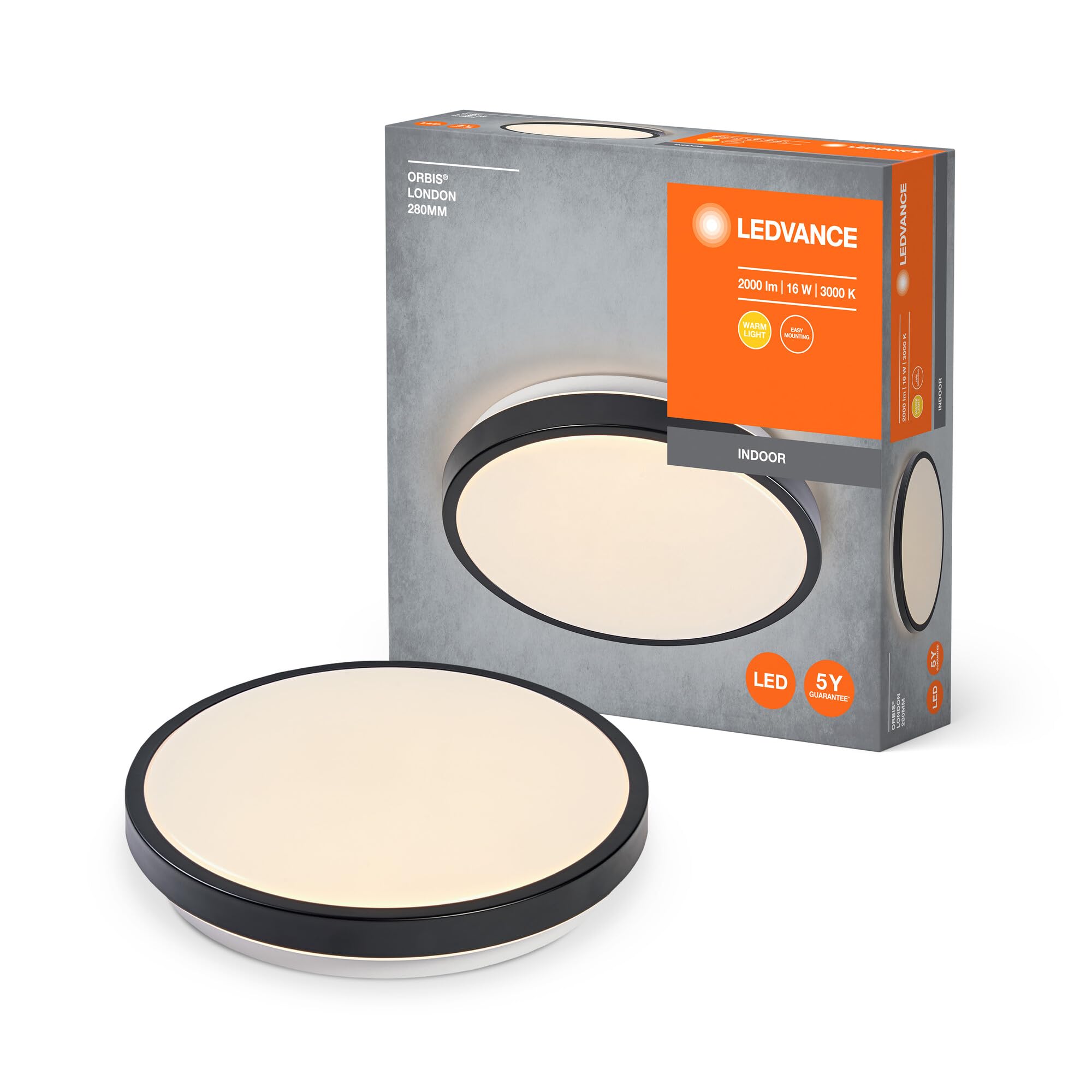 LEDVANCE Orbis London Led Ceiling Light 280Mm, Black, 16W, 2000Lm, Warm White Light Color, Very Homogeneous Light Distribution, Long Life, Non-Replaceable Led Module, Round, Ip20, 3000K