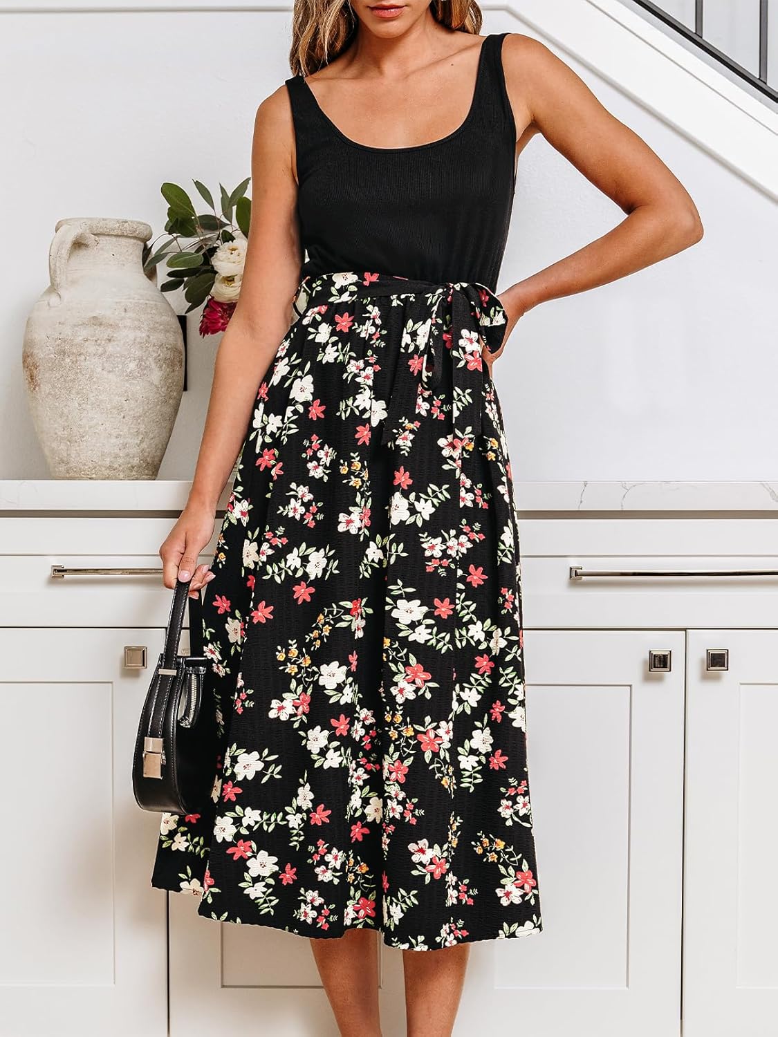 CUPSHE Women's Summer Dresses Floral Tie Back Backless Square Neck Elastic Waist Midi Dress - Image 4