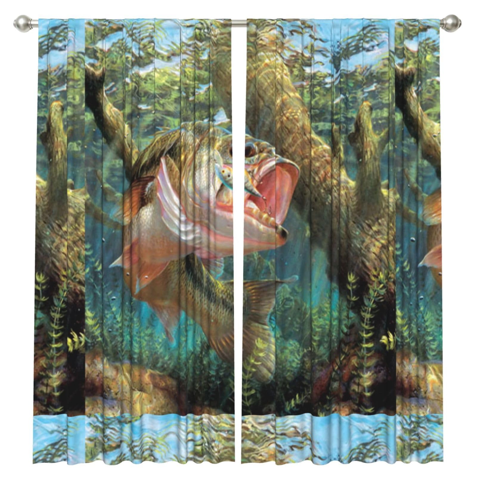 InOmak Bass Fish Jumping Hook, 2 Panels Window Curtains 52 x 84 Inch Blackout Curtains for Living Room Bedroom