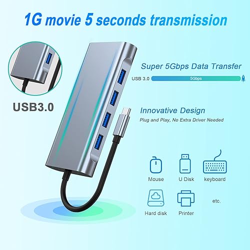 Miniatura 5 de USB C HUB, adaptador USB C 11 en 1 Dongle con 4K HDMI, VGA, tipo C PD, USB3.0, RJ45 Ethernet, lector de tarjetas SDTF, AUX de 0.138 in, estación de