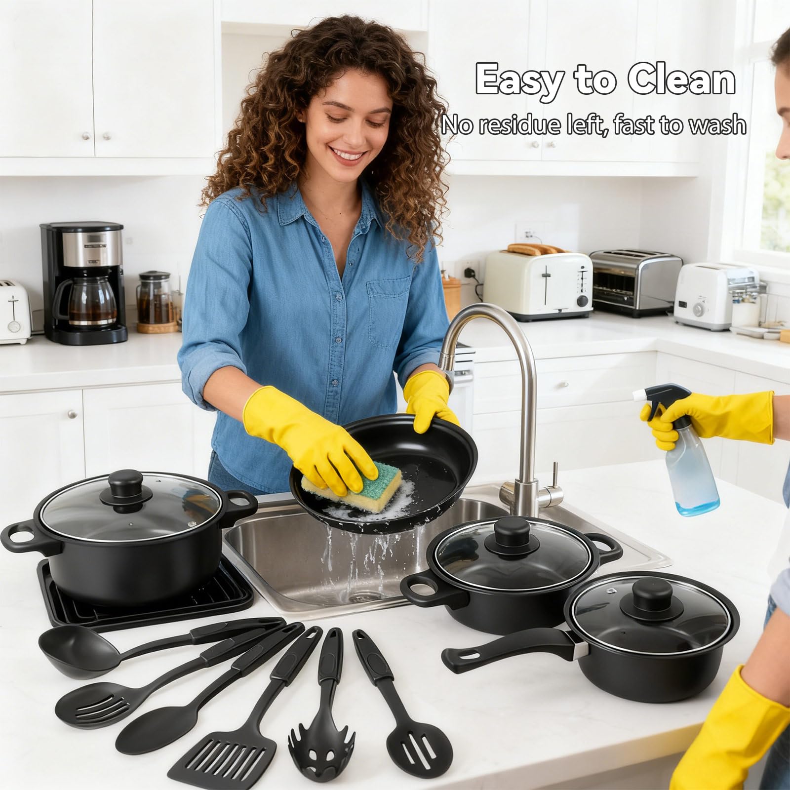 Batterie Cuisine,Casserole et Poêle Induction 13 Pcs Antiadhésives (13PCS) | Poêle Profonde avec Couvercles(16/18/22cm),Poêle à frire 22cm,6pcs cuillères,Poignée Amovible,Compatible Tous Feux