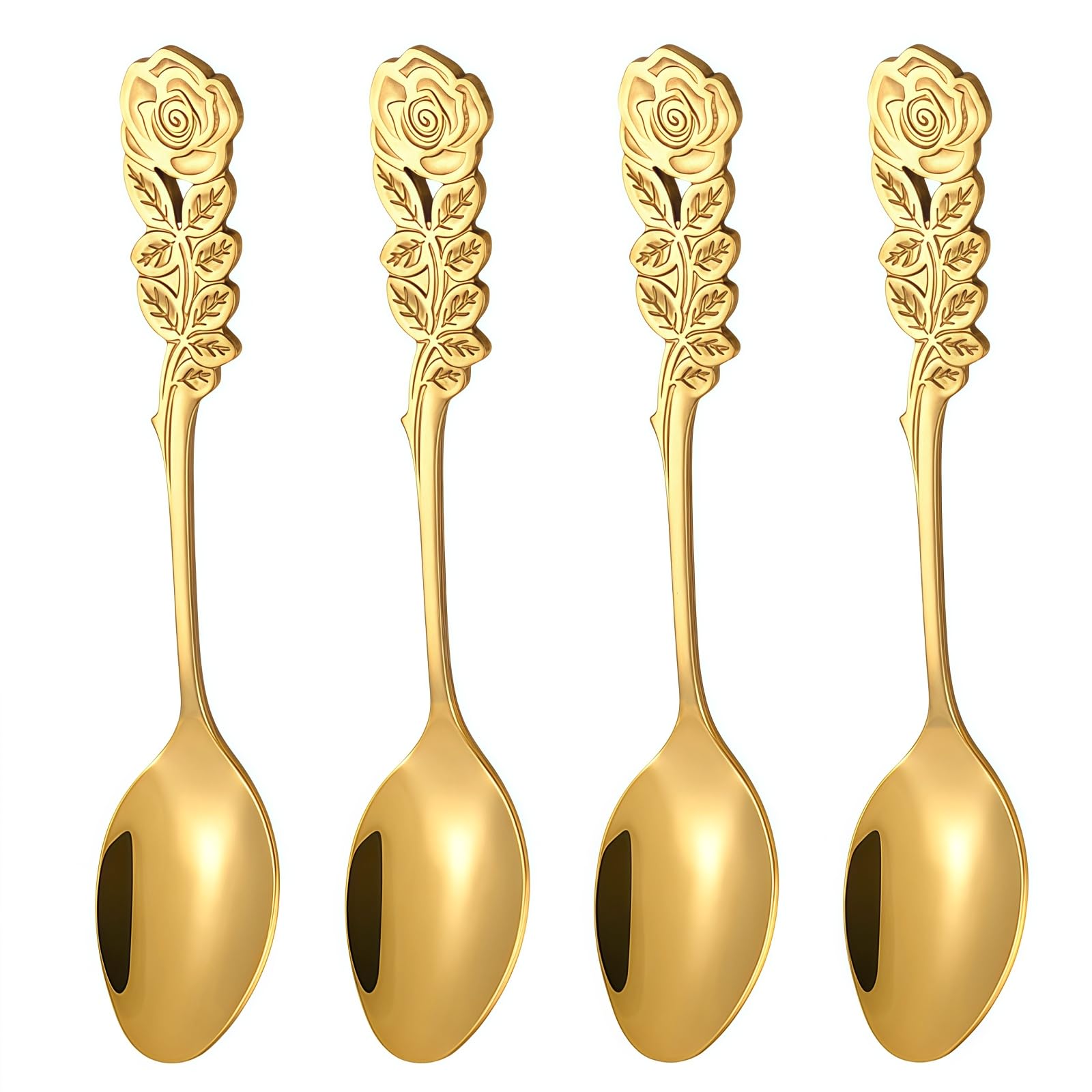 SamHeng Rose Coffee Spoons, 4 Pcs Stainless Steel Dessert Spoons, Teaspoons for Stirring Espresso Cocktail Cake Ice Cream for Home Coffee Shop (Gold)