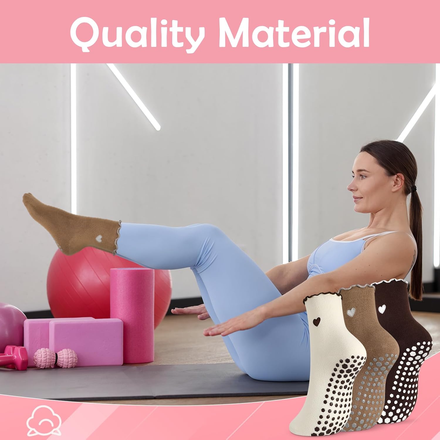 3 Pairs Cute Pilates Socks with Grips for Women Cotton Ruffle Non Slip Yoga Grippy Socks for Pilates Yoga Barre - Image 8