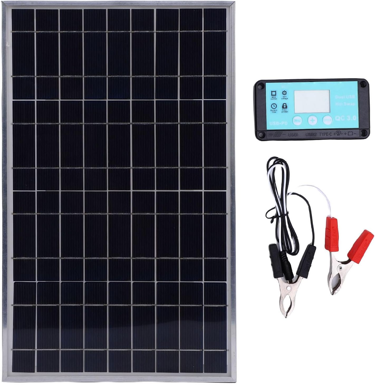 Topiky 100W Solar Panel Controller Kit, Solar Panels 10A to 50A Charge Controller, 10A Battery and Charge Maintainer with Extension Cable and Battery Clips