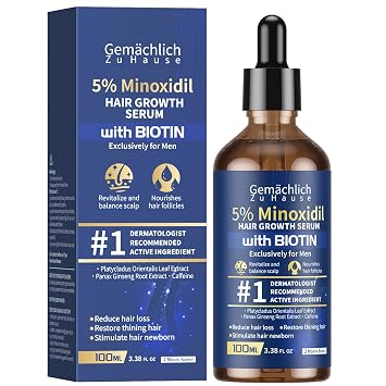 5% Minoxidil for Men Hair Growth with Biotin, 100ML Topical Minoxidil Solution Serum with Rosemary & Caffeine for Hair Regrowth Treatments, Non-Greasy, Helps Prevent Hair Thinning & Hair Loss
