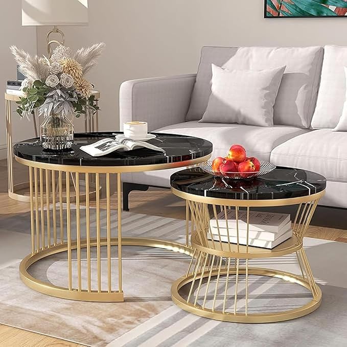 Furniture Café Luxury Black Marble Nesting Coffee Table Set – Round Living Room Center Tables with Golden Metal Base & Storage Shelf