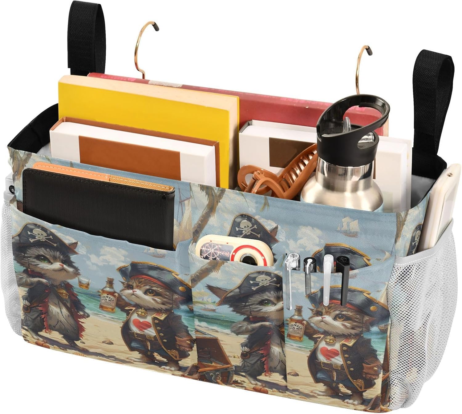 YETTASBIN Funny Cat Bedside Caddy Hanging Storage Organizer Bag with 2 Straps & Hooks for Bunk Beds, College Dorm, Hospital Bed - Holder for Books, Phone, Magazine, Glasses, Keys