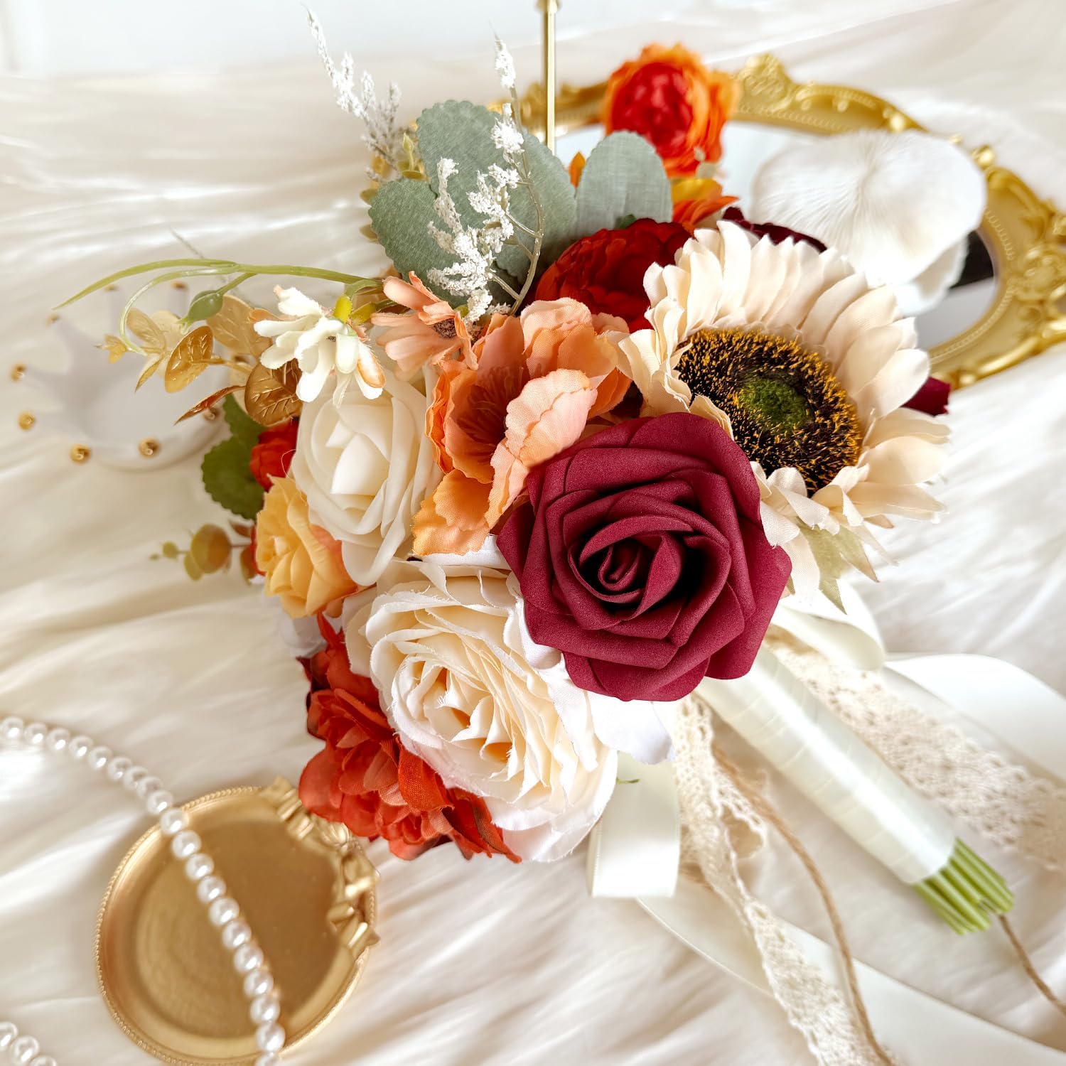 9 Inch Sunflower Wedding Bouquets for Bride Bridesmaid, Burgundy Red Roses Burnt Orange Artificial Flowers Bridal Bouquet Vintage Fall Winter Boho Rustic Wedding Decoration Toss Bouquet Prom