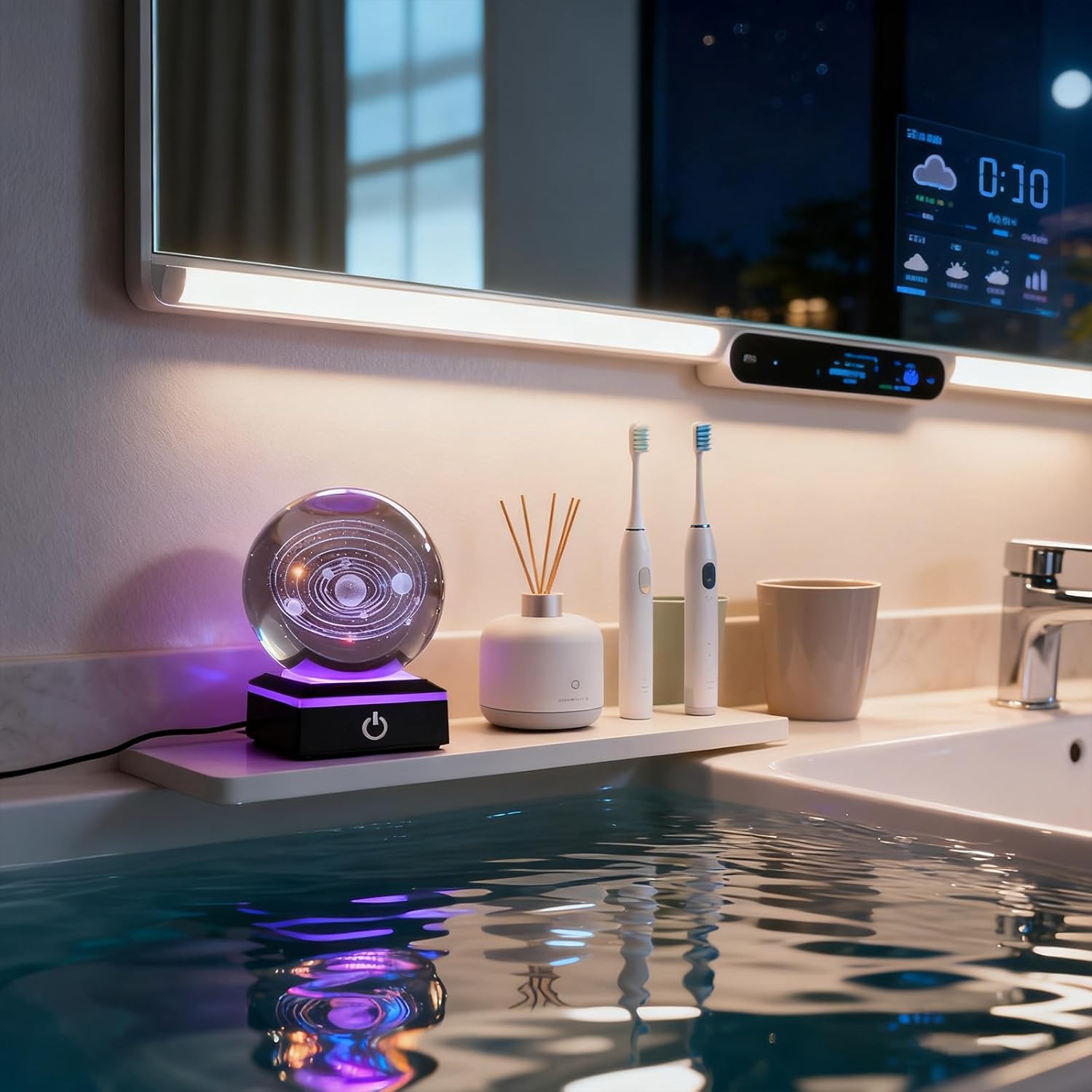 3D Solar System Crystal Ball, with LED Color Lighting and Touch Base, 80mm Size, Crafted with Laser Engraving Technology