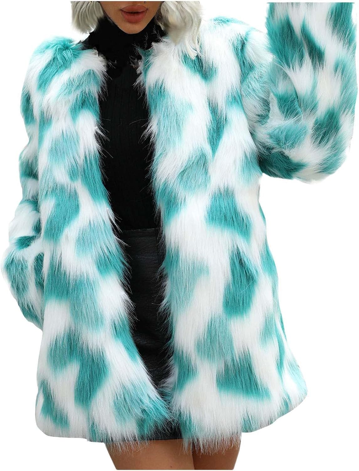 NATHGAM Faux Fur Coat Womens Oversize Winter Long Soft Coat Womens Warm Fur Jacket Overcoat Topcoat Fashion Tie Dye Outerwear