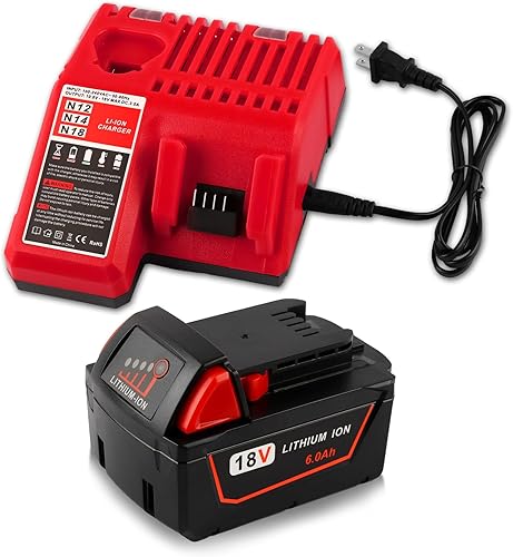 18V 6.0Ah Replacement for Milwaukee M18 Battery and 48-11-1840 Charger Combo (Not Made in Milwaukee)