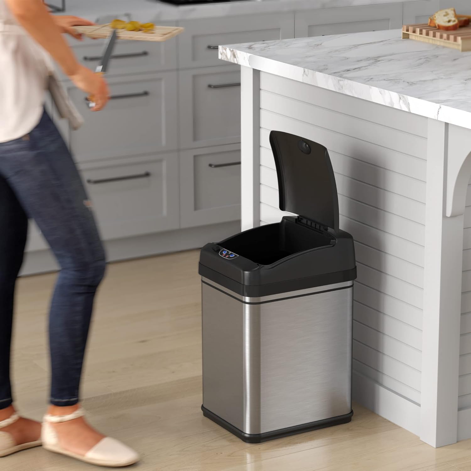 iTouchless 8 Gallon Pet-Proof Sensor Trash Can with AbsorbX Odor Filter Kitchen Garbage Bin Prevents Dogs & Cats Opening Lid, Stainless Steel plus PetGuard, Battery and AC Adapter (Not Included)