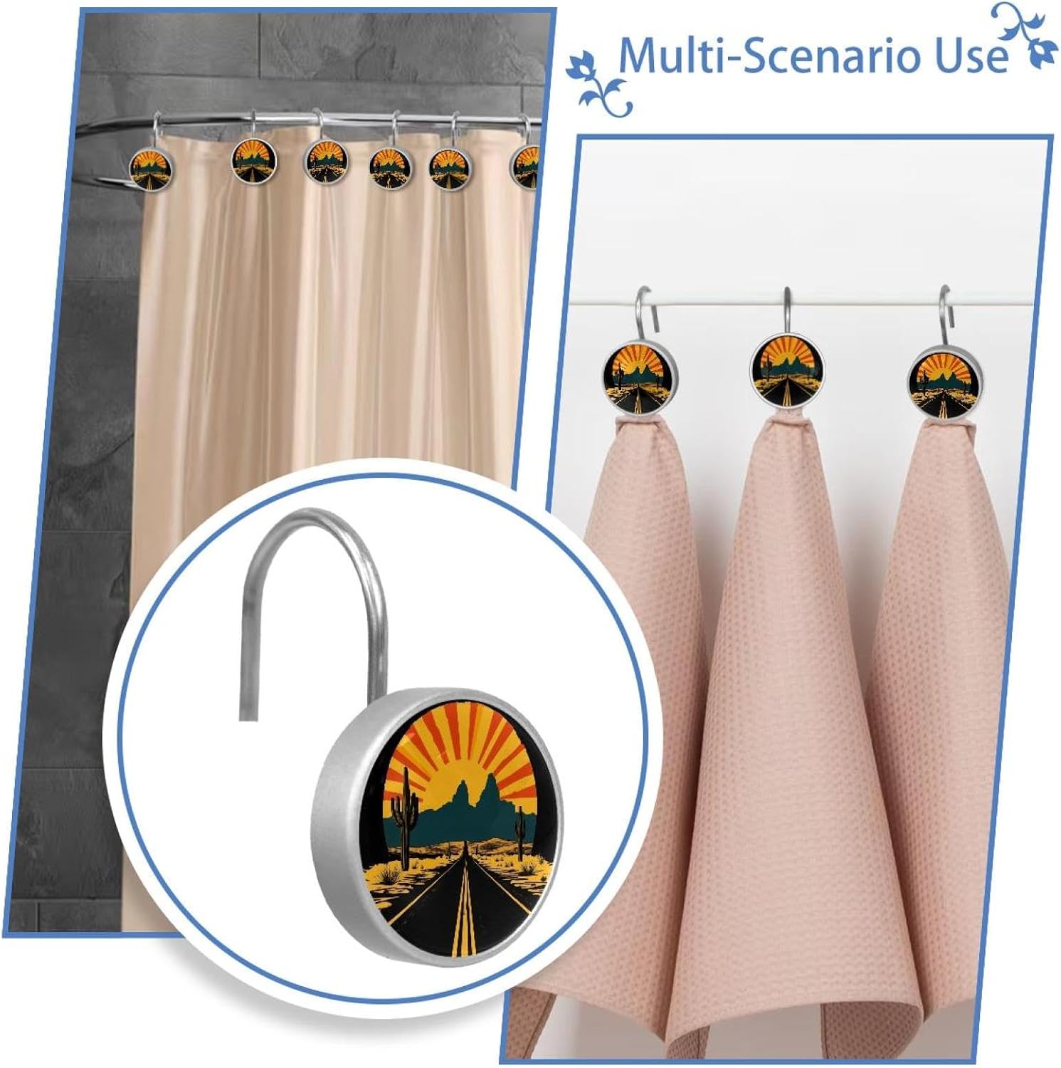12PCS Desert State Graphic (3) Shower Curtain Hooks Rings for Bathroom, Decorative Shower Curtain Hooks Rods Curtains and Liner