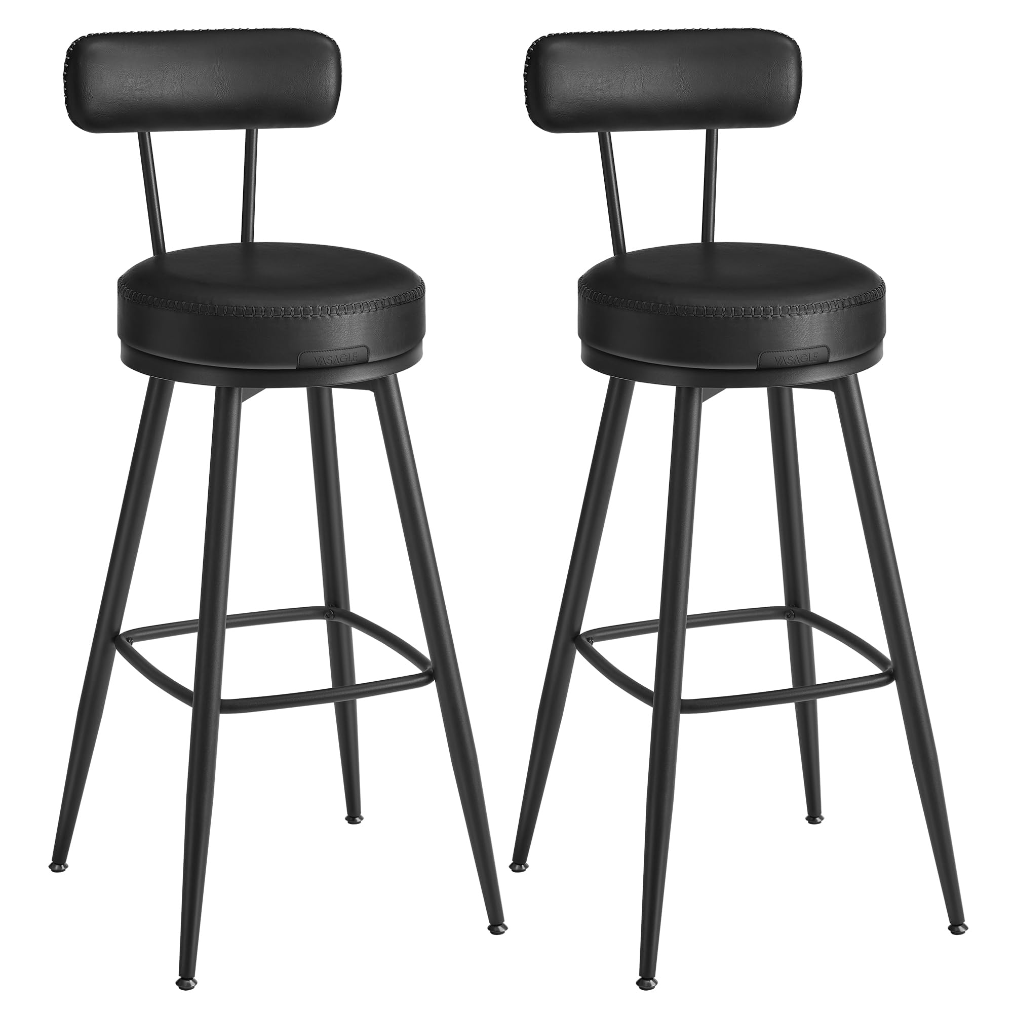 VASAGLE Collection - 360?Swivel Bar Stools Set of 2, Counter Chairs with Backs, Synthetic Leather with Stitching, Mid-Century Modern, 76 cm Tall, Kitchen Home Bar, Ink Black EKHO LBC889B88