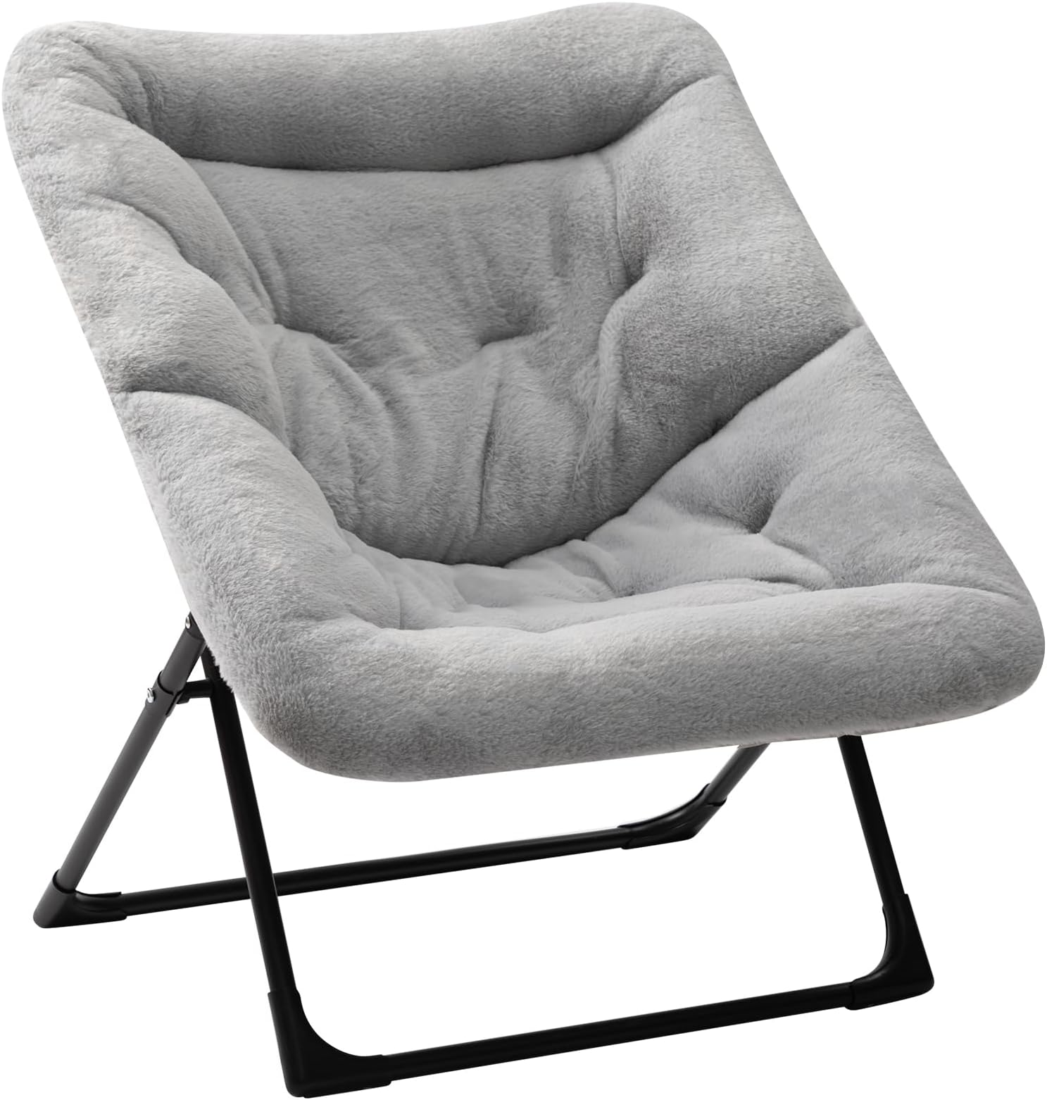 X-Large Saucer Chair, Comfy Oversized Folding Chair, Faux-Fur Reading Chair for Teens, Adults, Foldable Accent Lazy Chair, Metal Frame Lounge Chair for Living Room, Bedroom, Dorm, Grey