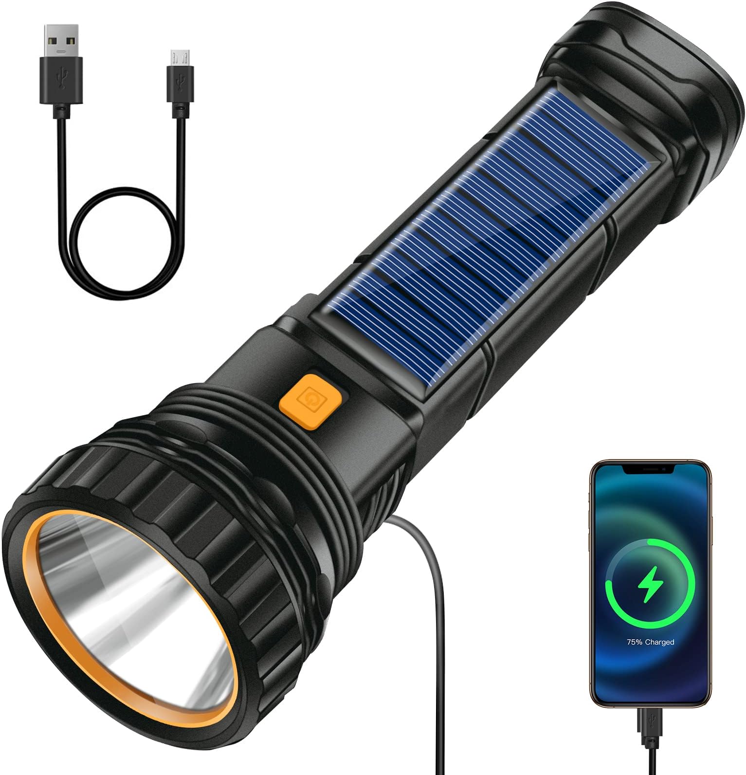 Solar LED Torch, USB Torch Rechargeable with 3 Lighting Modes, Hand Tools Torches for Kids Camping, Waterproof Flashlight for Power Cuts, Emergency, Camping, Hiking, Outdoor
