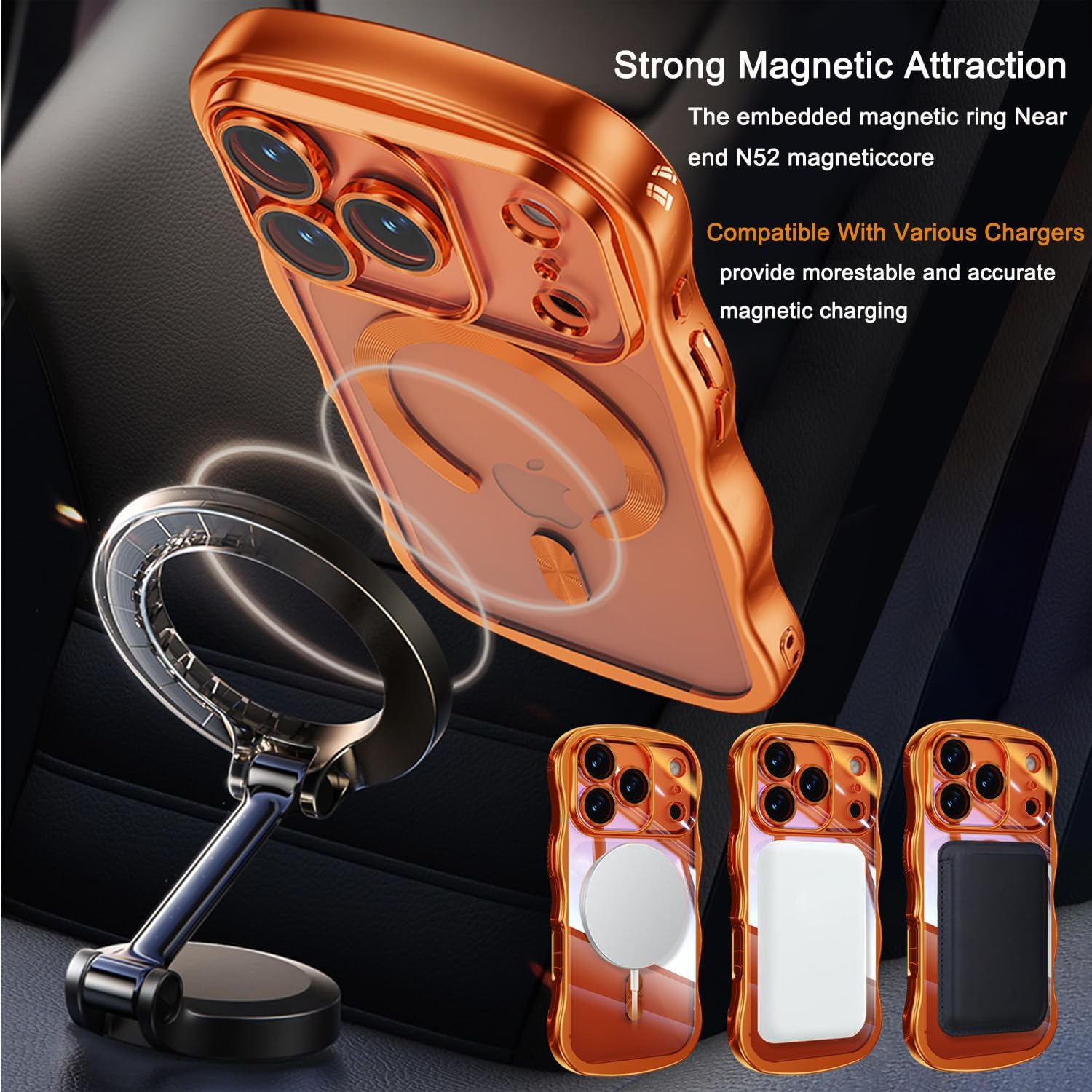 Wavy Magnetic for iPhone 17 Pro Case 6.3" [Compatible with MagSafe] [Not-Yellowing] Full Camera Protector Plating Clear Shockproof Phone Cover for Women Men,Orange - Image 5