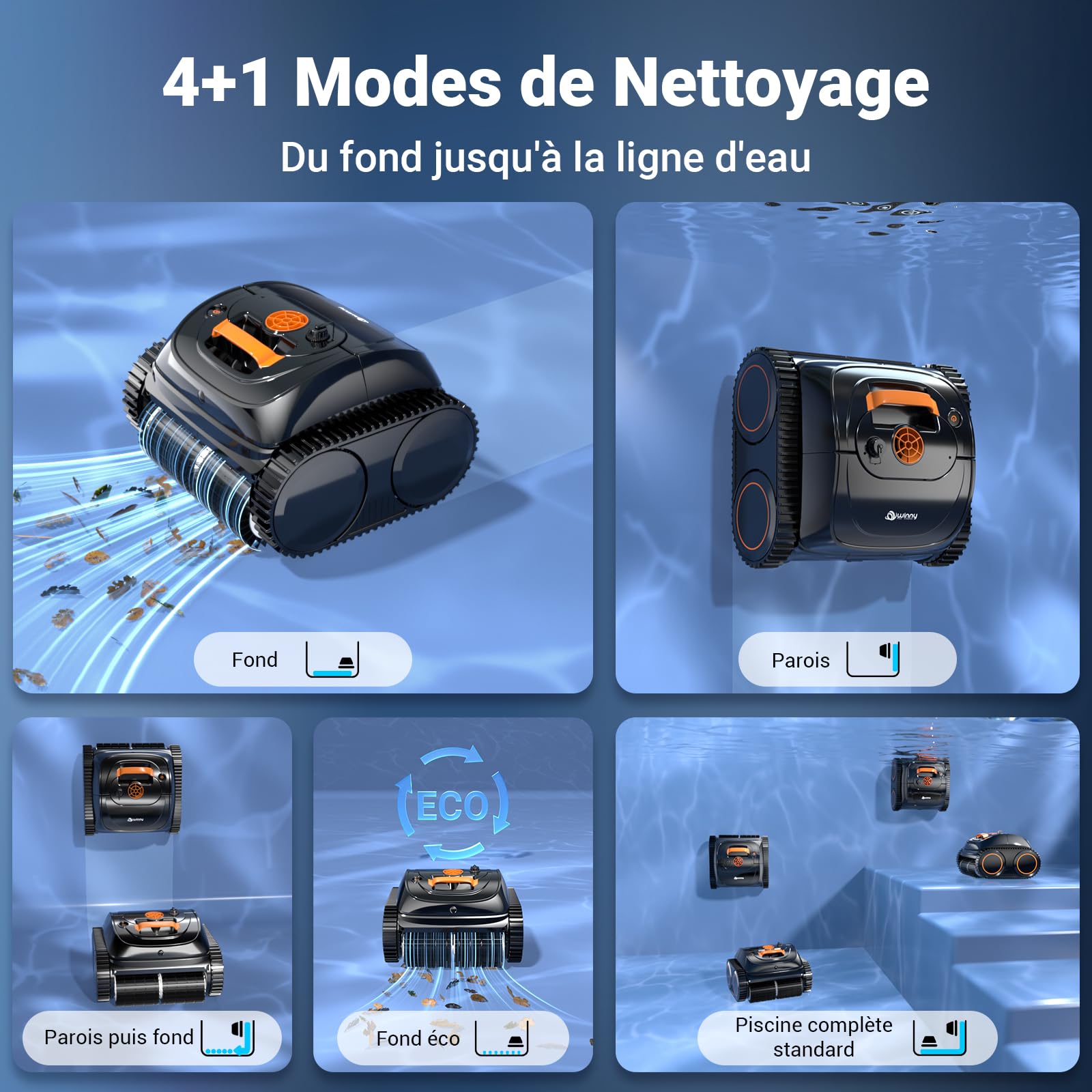 WINNY POOL CLEANER C1 by Wybot Robot Piscine sans Fil-Nettoie Fond et Parois, Navigation Intelligente, Autonomie 210 Min, Stationnement Automatique, Contrôle par APP,Orange Noir