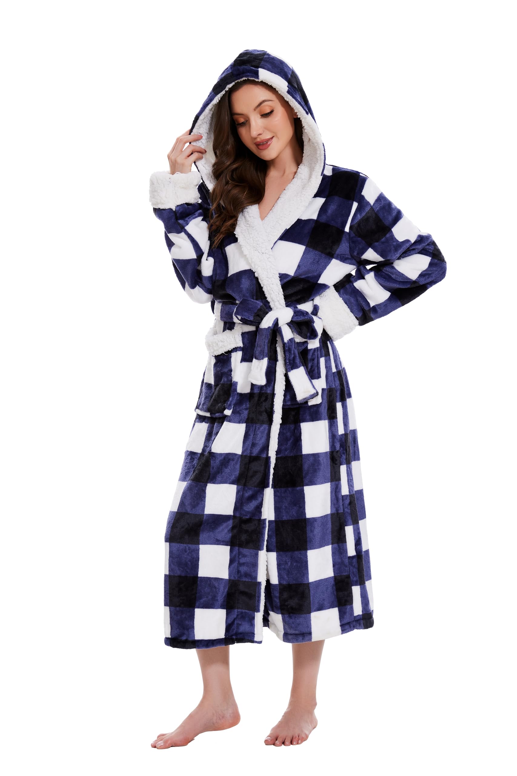 Plush Robes for Women Hooded Bathrobe Long Fluffy Womens Fuzzy Fleece Warm Soft Cozy Robe