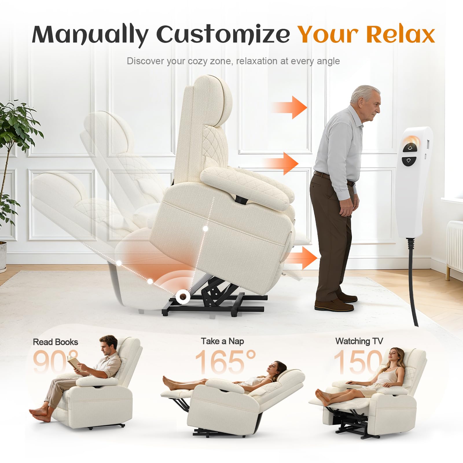 Relaxsessel Fernsehsessel Elektrischer Massagesessel mit Wärmefunktion,3D Verstellbare Armlehnen, Zusätzliche Lendenwirbelstütze,TYP C&USB-Anschlüsse,4 Aufbewahrungstaschen,TV Sessel für Heimkino